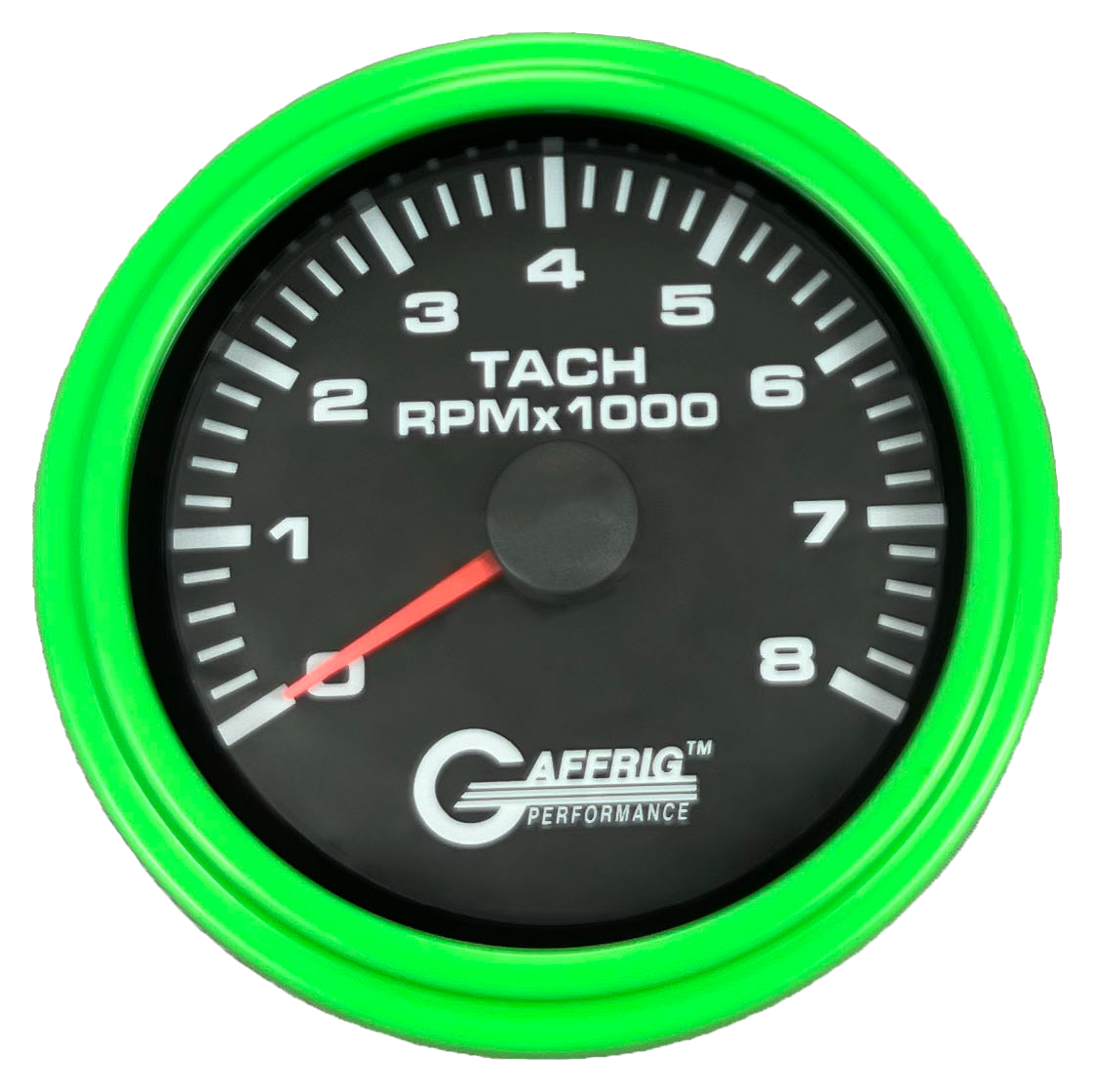 GAFFRIG 3 3/8 INCH TACHOMETER GAUGE 6000, 8000 & 10000 RPM BLACK 8000 / STEP RIM (008) / LIME GREEN