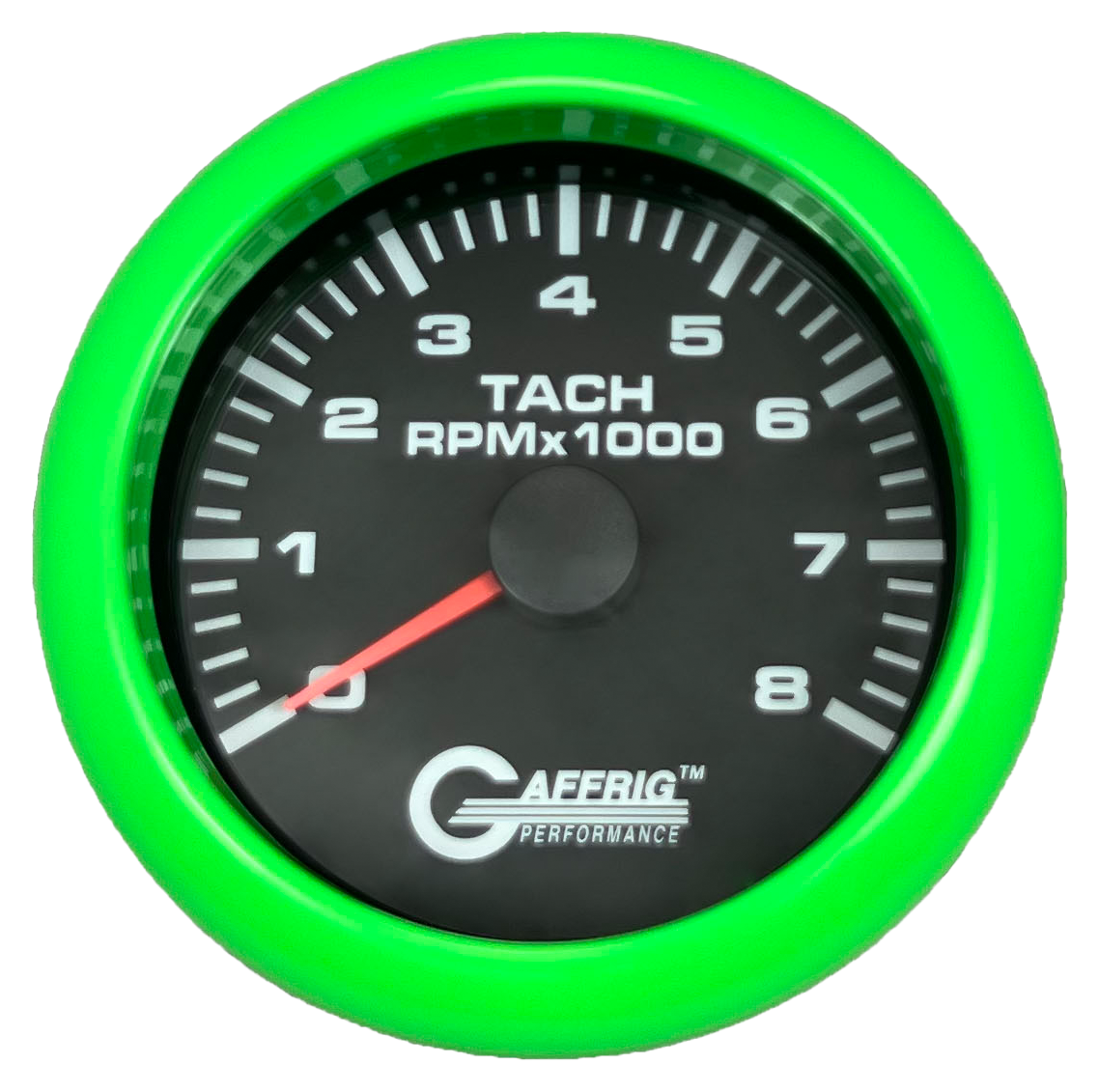 GAFFRIG 3 3/8 INCH TACHOMETER GAUGE 6000, 8000 & 10000 RPM BLACK 8000 / FAT RIM (338) / LIME GREEN