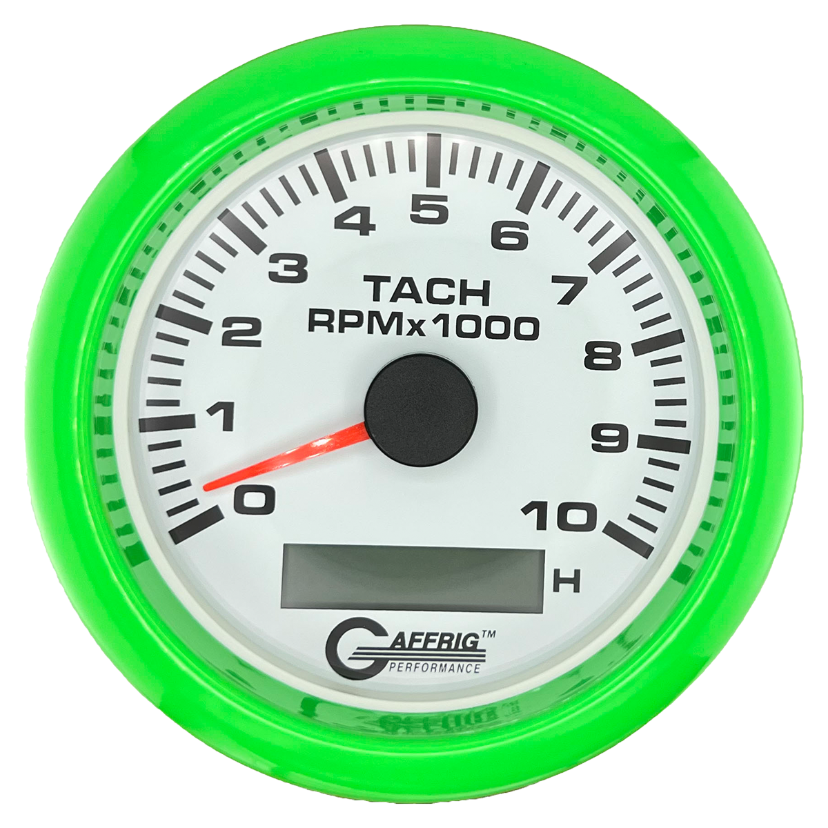 GAFFRIG 3 3/8 INCH ELECTRIC TACH/HOUR METER 6000, 8000, 10000 RPM WHITE 10000 / FAT RIM (338) / LIME GREEN