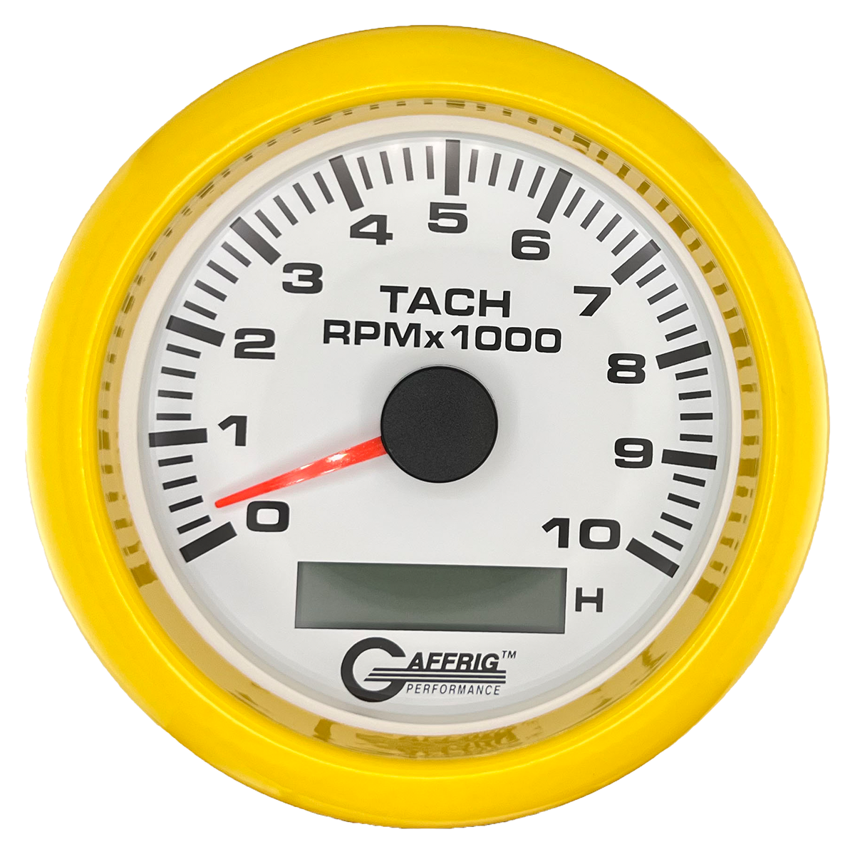 GAFFRIG 3 3/8 INCH ELECTRIC TACH/HOUR METER 6000, 8000, 10000 RPM WHITE 10000 / FAT RIM (338) / YELLOW