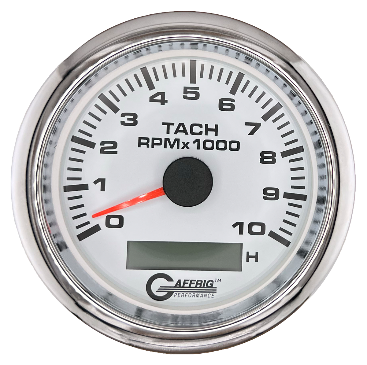 GAFFRIG 3 3/8 INCH ELECTRIC TACH/HOUR METER 6000, 8000, 10000 RPM WHITE 10000 / FAT RIM (338) / CHROME/POLISHED