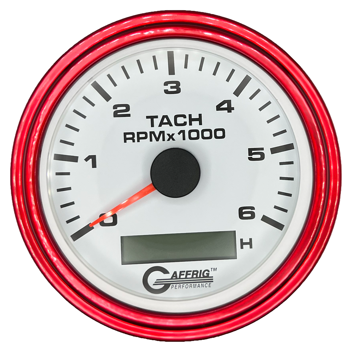 GAFFRIG 3 3/8 INCH ELECTRIC TACH/HOUR METER 6000, 8000, 10000 RPM WHITE 6000 / STEP RIM (008) / RED
