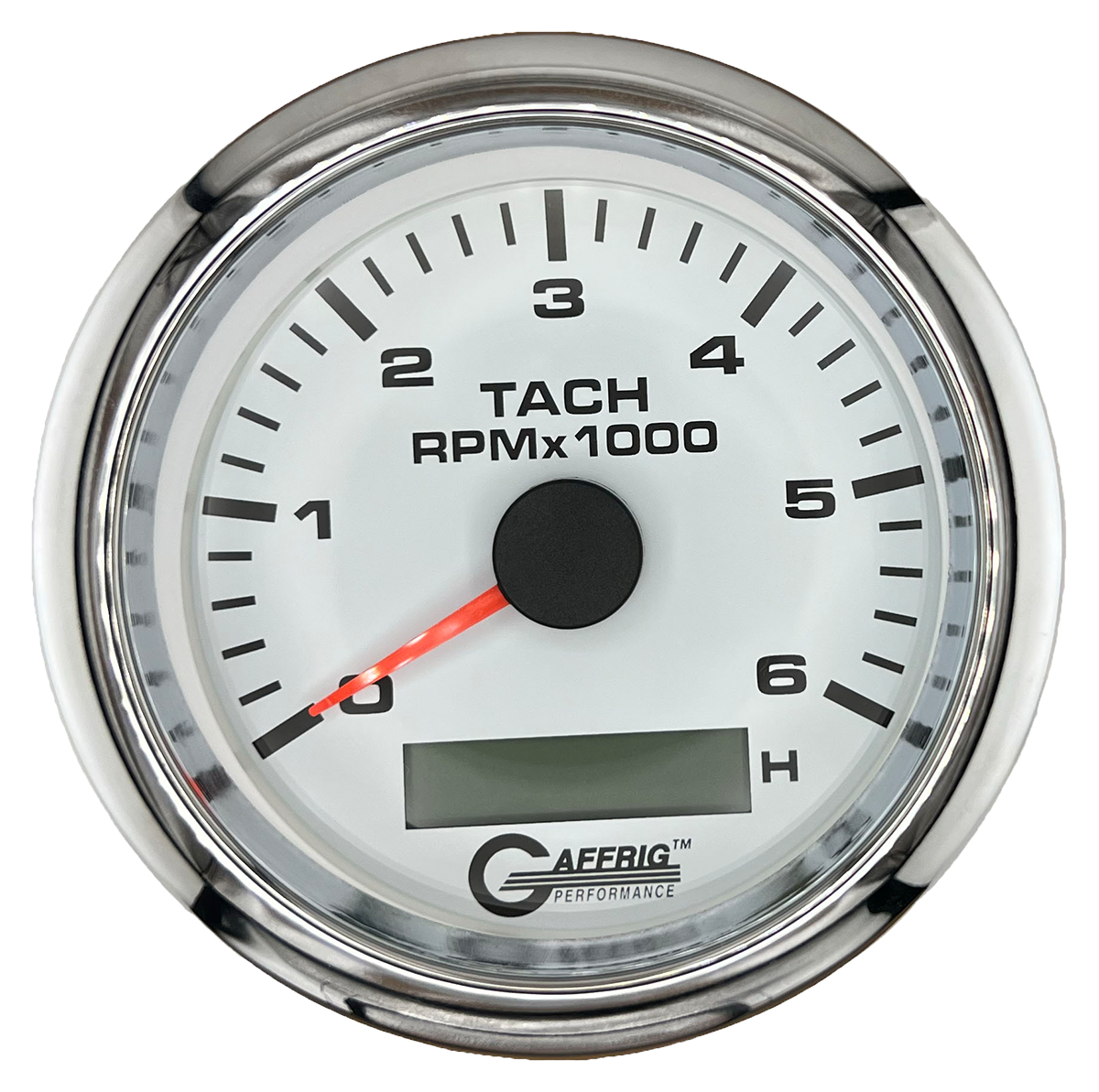 GAFFRIG 3 3/8 INCH ELECTRIC TACH/HOUR METER 6000, 8000, 10000 RPM WHITE 6000 / FAT RIM (338) / CHROME/POLISHED