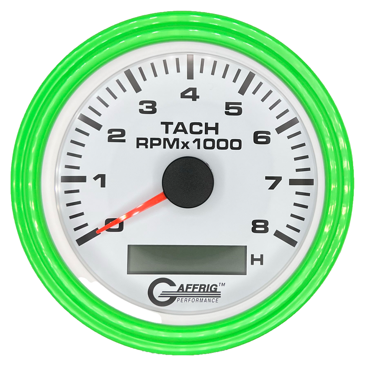 GAFFRIG 3 3/8 INCH ELECTRIC TACH/HOUR METER 6000, 8000, 10000 RPM WHITE 8000 / STEP RIM (008) / LIME GREEN