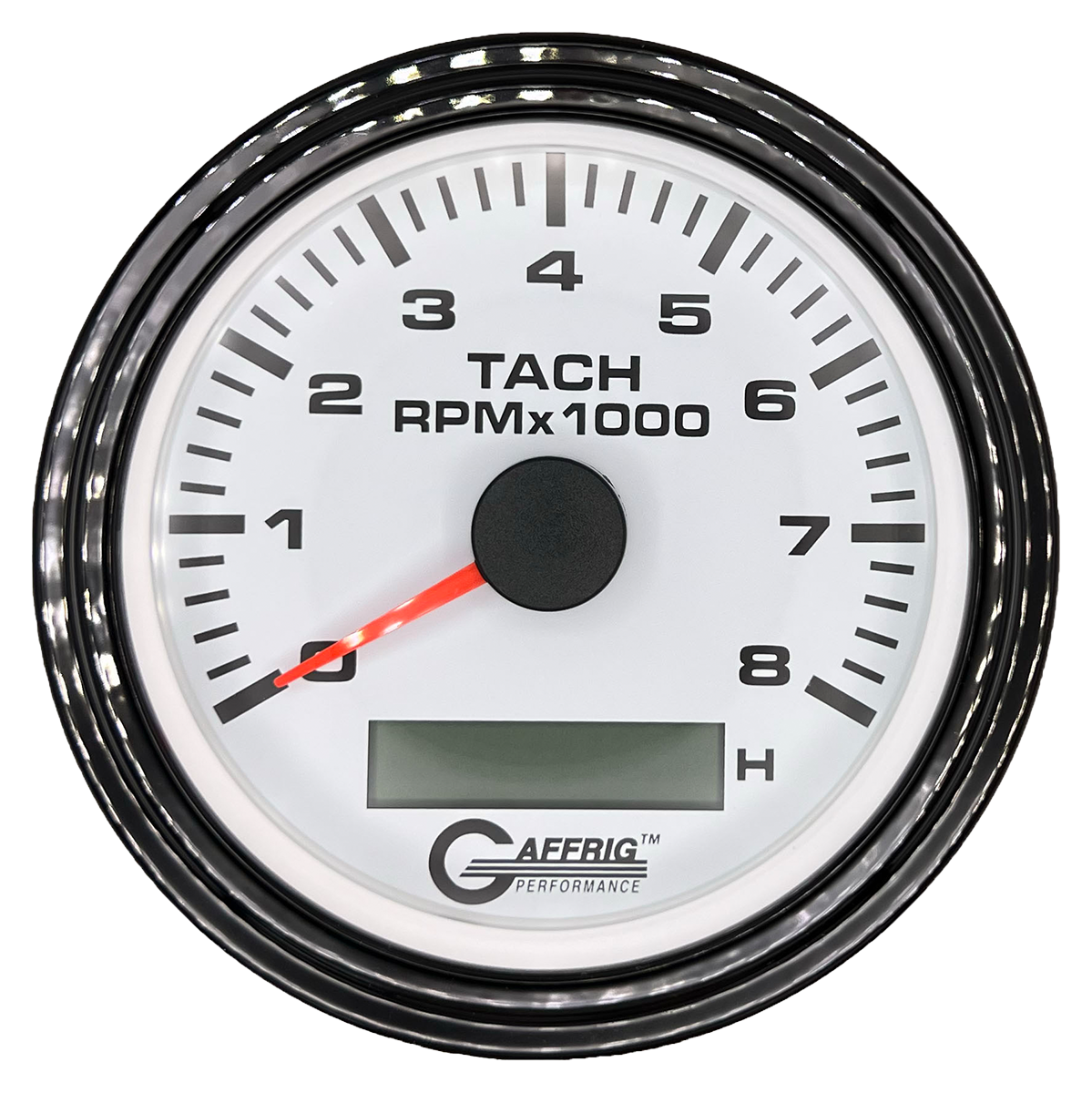 GAFFRIG 3 3/8 INCH ELECTRIC TACH/HOUR METER 6000, 8000, 10000 RPM WHITE 8000 / STEP RIM (008) / BLACK