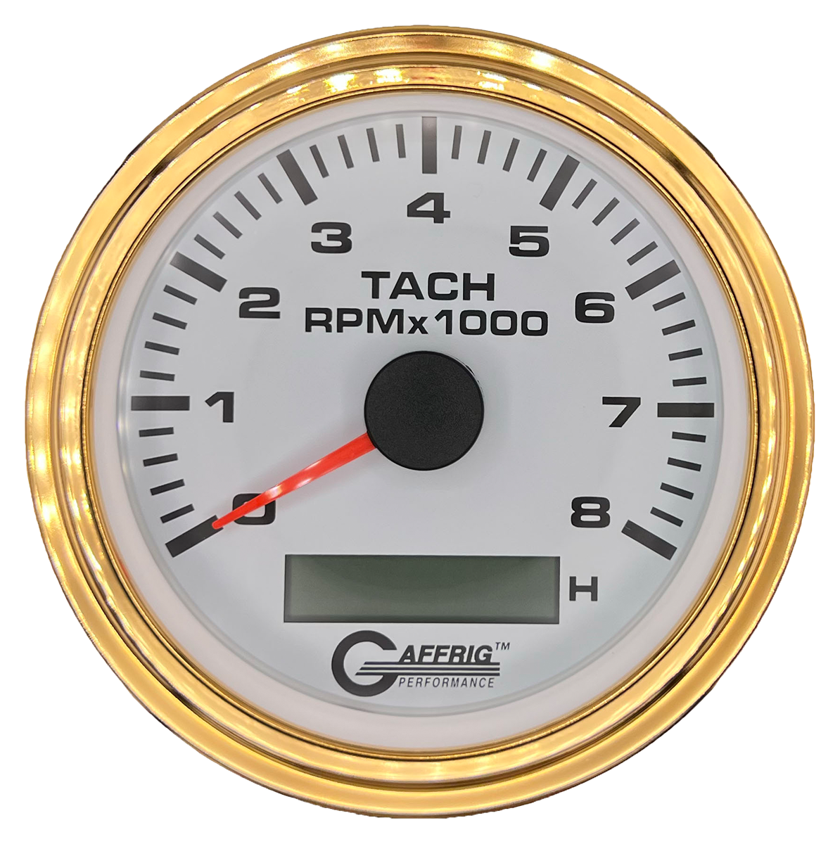 GAFFRIG 3 3/8 INCH ELECTRIC TACH/HOUR METER 6000, 8000, 10000 RPM WHITE 8000 / STEP RIM (008) / GOLD
