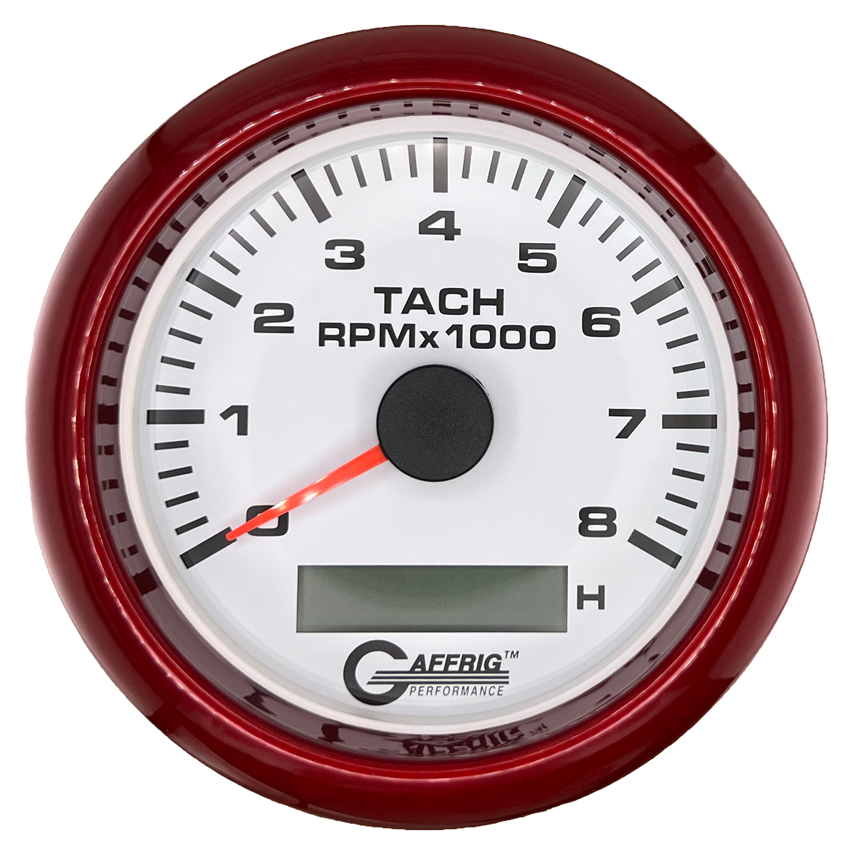 GAFFRIG 3 3/8 INCH ELECTRIC TACH/HOUR METER 6000, 8000, 10000 RPM WHITE 8000 / FAT RIM (338) / RED