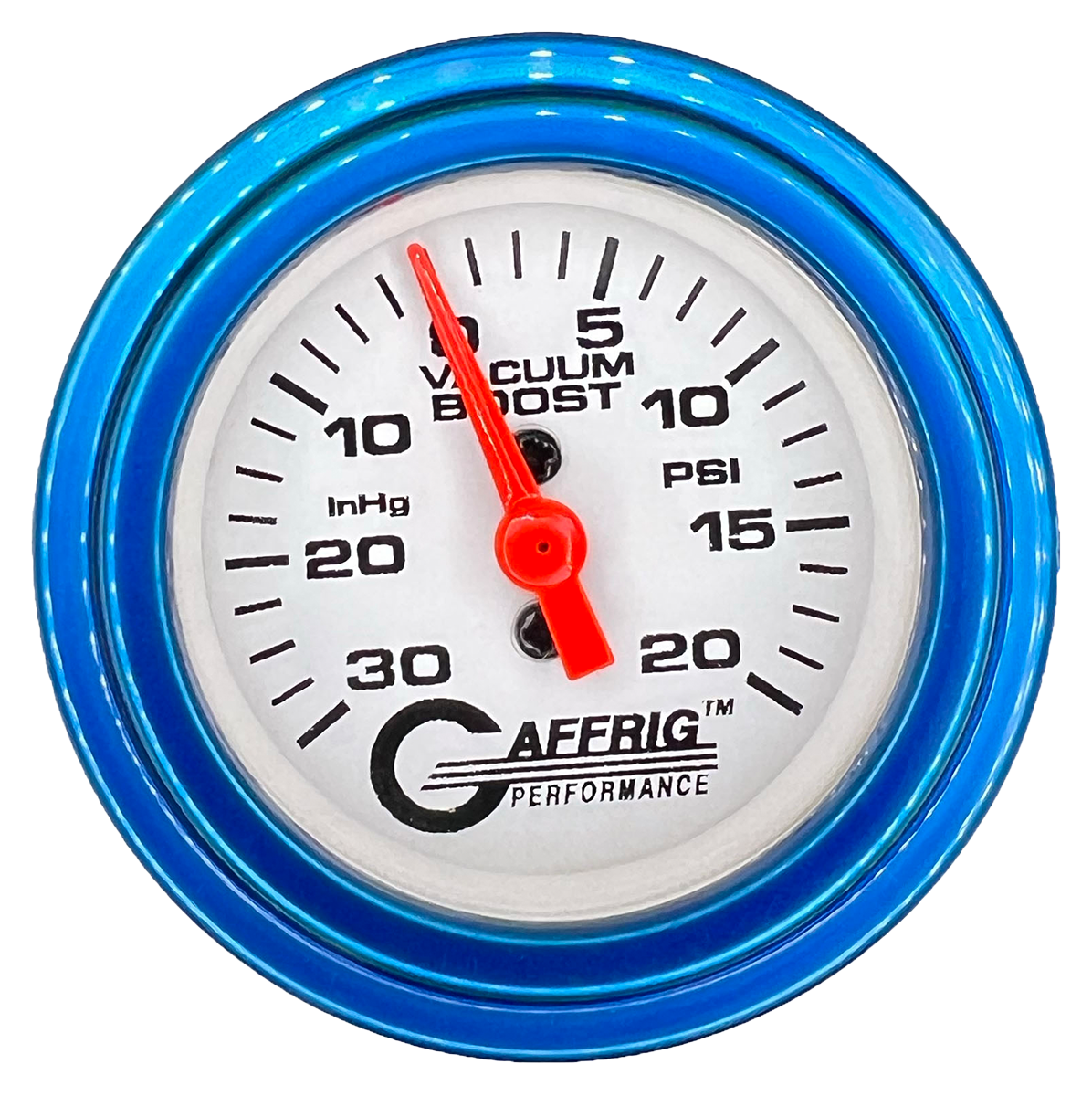 GAFFRIG 2 INCH MECHANICAL VACUUM 0-30HG/BOOST 0-30PSI GAUGE STEP RIM (002) / BLUE / WHITE