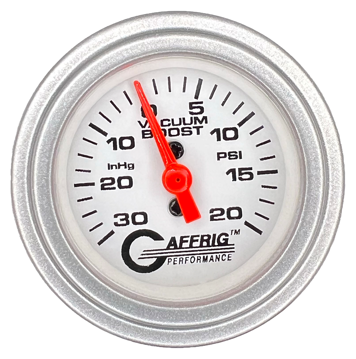 GAFFRIG 2 INCH MECHANICAL VACUUM 0-30HG/BOOST 0-30PSI GAUGE STEP RIM (002) / PLATINUM / WHITE
