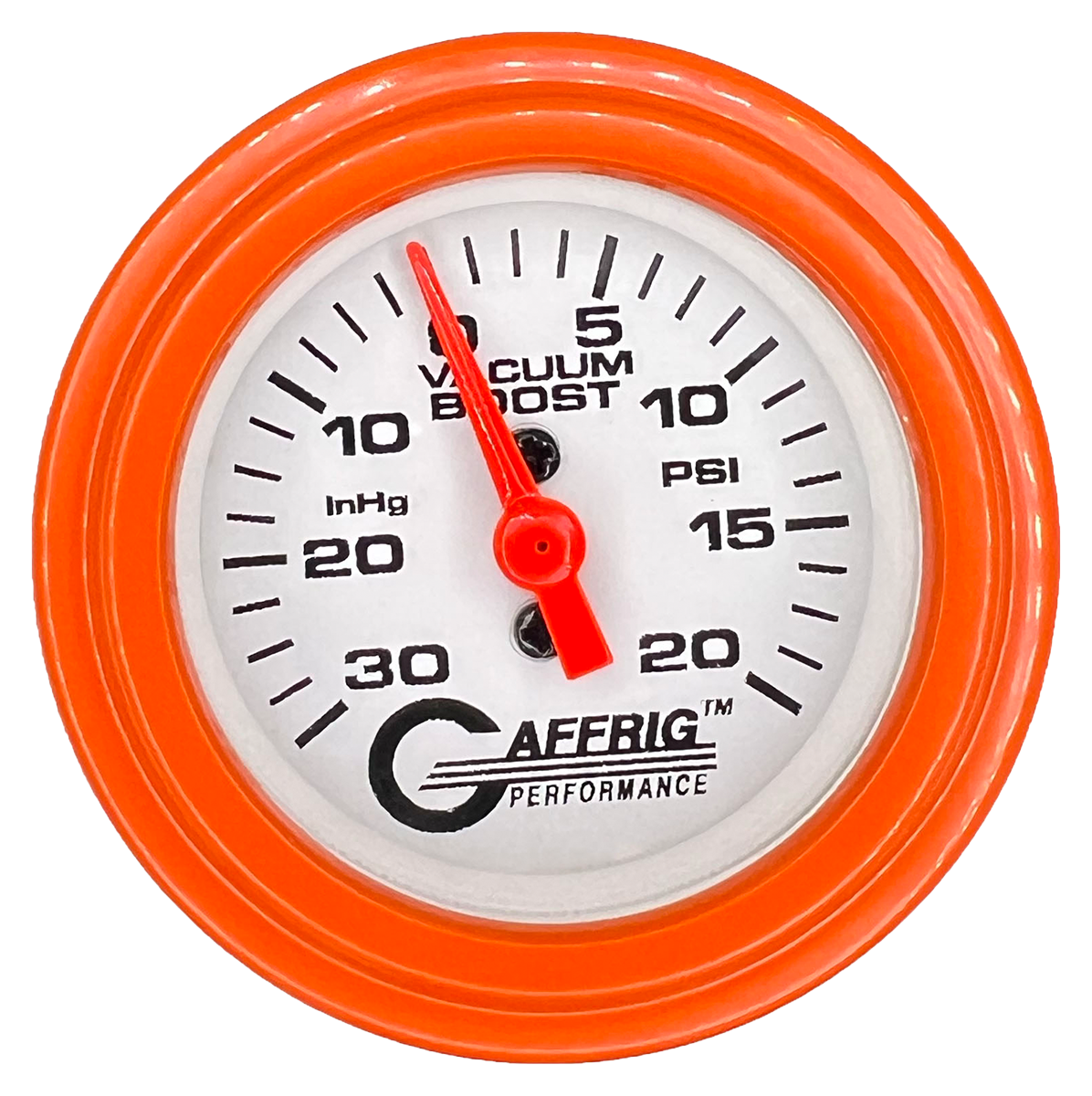 GAFFRIG 2 INCH MECHANICAL VACUUM 0-30HG/BOOST 0-30PSI GAUGE STEP RIM (002) / ORANGE / WHITE