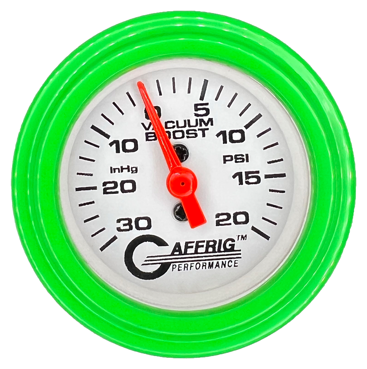 GAFFRIG 2 INCH MECHANICAL VACUUM 0-30HG/BOOST 0-30PSI GAUGE STEP RIM (002) / LIME GREEN / WHITE