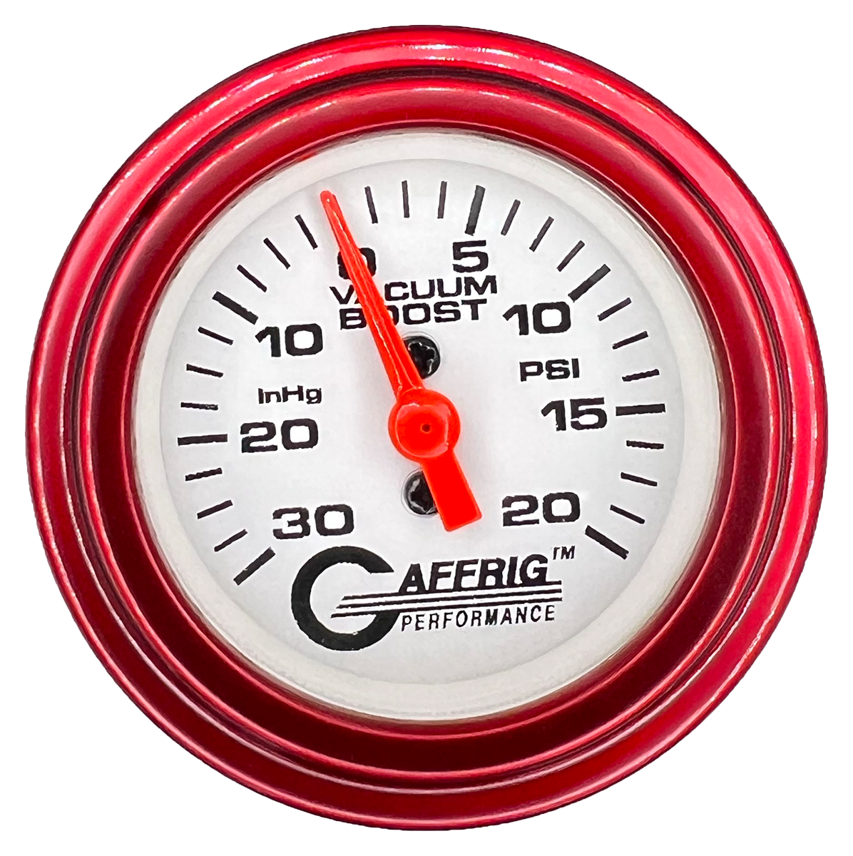 GAFFRIG 2 INCH MECHANICAL VACUUM 0-30HG/BOOST 0-30PSI GAUGE STEP RIM (002) / RED / WHITE