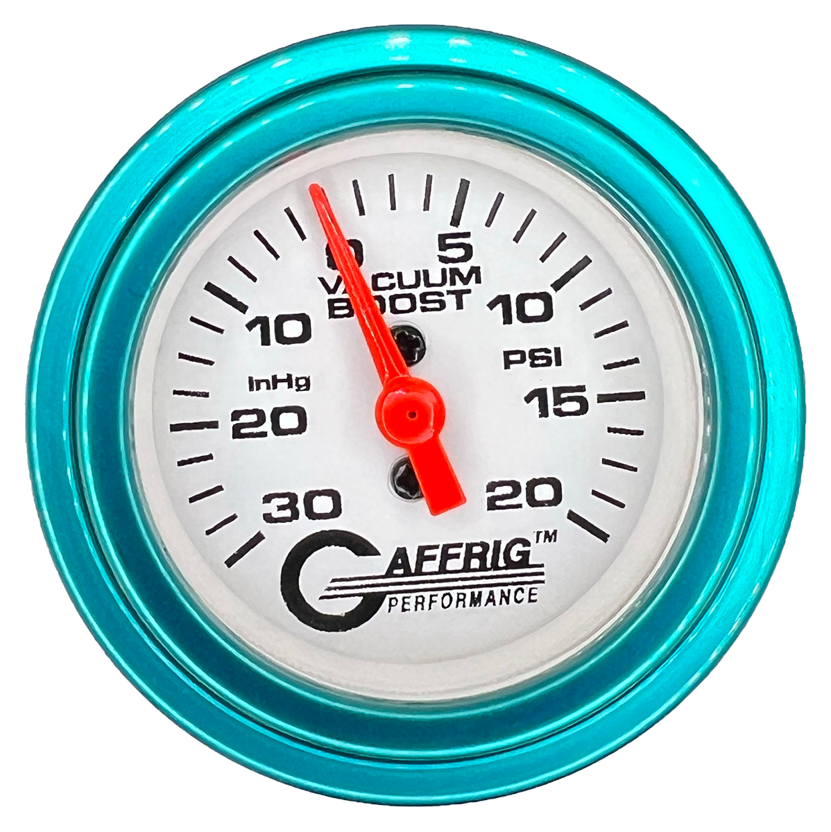 GAFFRIG 2 INCH MECHANICAL VACUUM 0-30HG/BOOST 0-30PSI GAUGE STEP RIM (002) / TEAL / WHITE