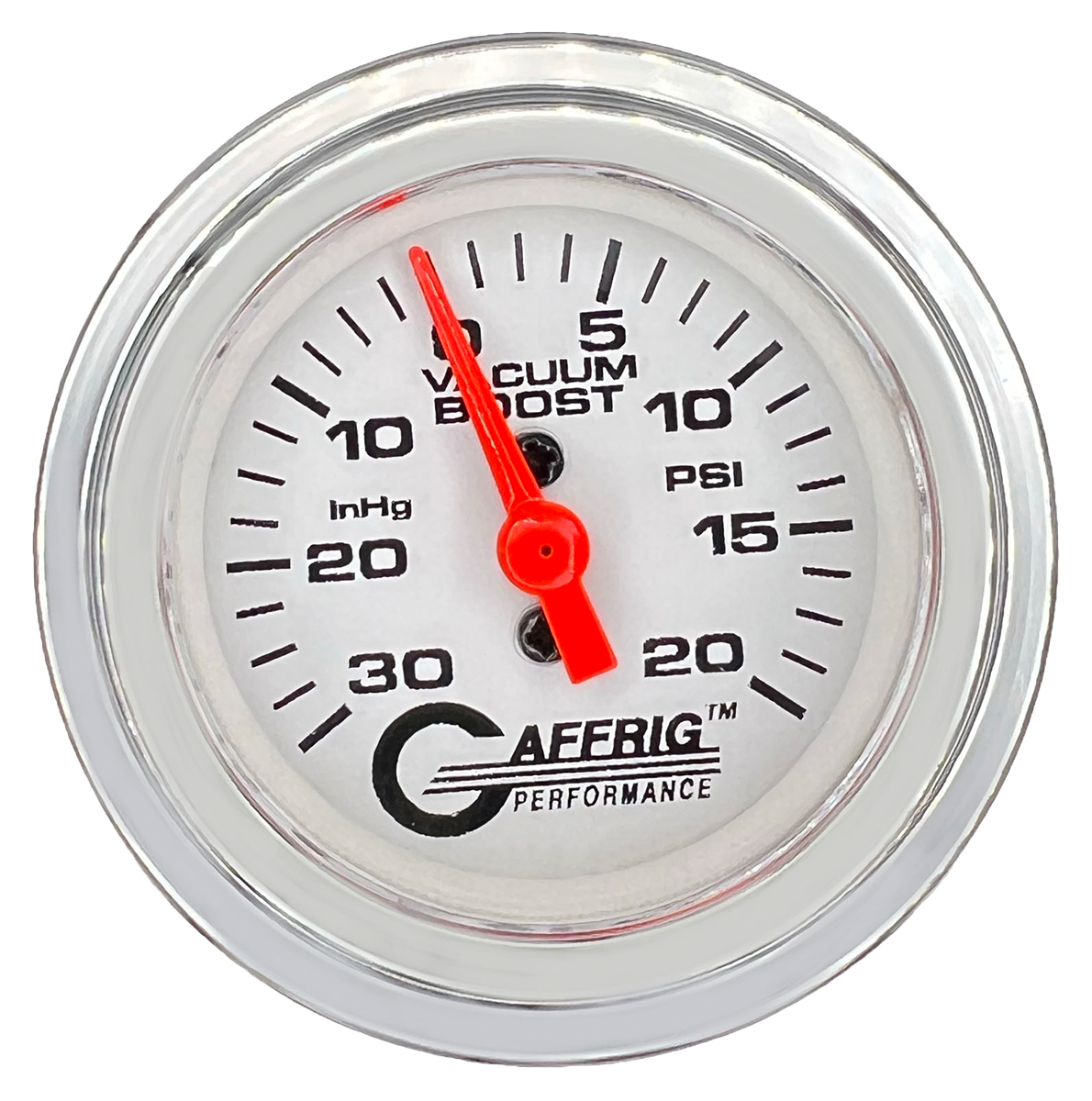 GAFFRIG 2 INCH MECHANICAL VACUUM 0-30HG/BOOST 0-30PSI GAUGE STEP RIM (002) / CHROME/POLISHED / WHITE