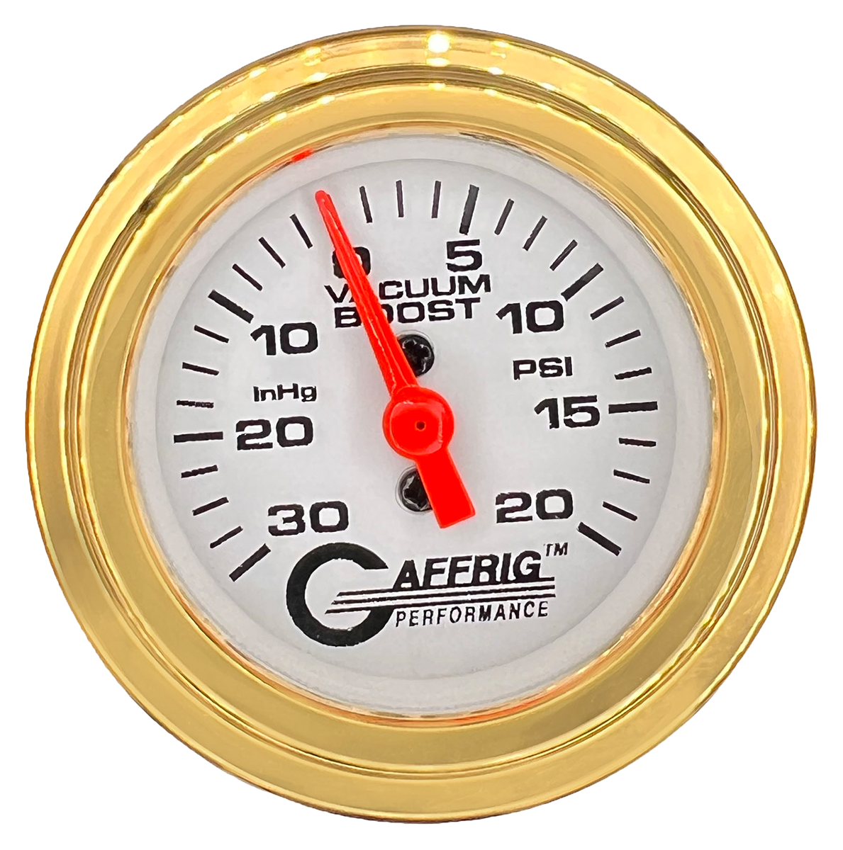 GAFFRIG 2 INCH MECHANICAL VACUUM 0-30HG/BOOST 0-30PSI GAUGE STEP RIM (002) / GOLD / WHITE