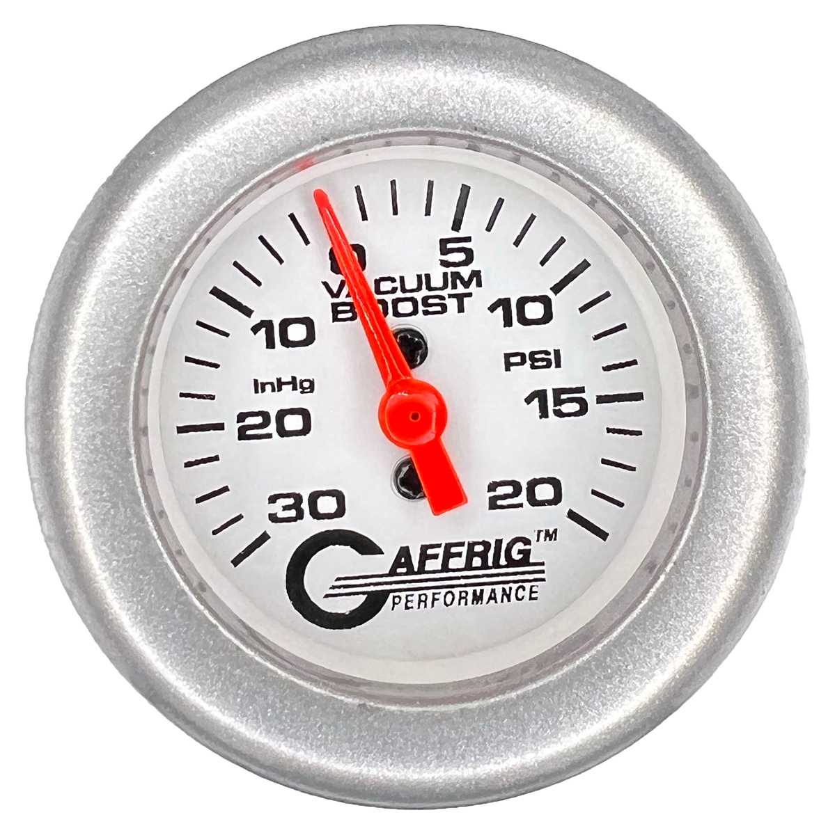 GAFFRIG 2 INCH MECHANICAL VACUUM 0-30HG/BOOST 0-30PSI GAUGE FAT RIM (218) / PLATINUM / WHITE