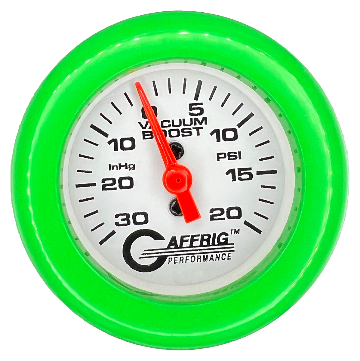 GAFFRIG 2 INCH MECHANICAL VACUUM 0-30HG/BOOST 0-30PSI GAUGE FAT RIM (218) / LIME GREEN / WHITE