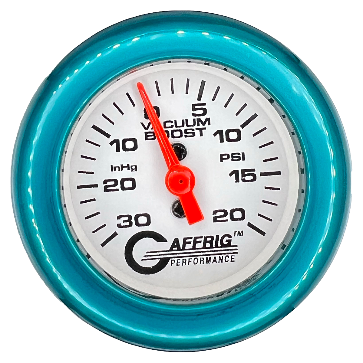 GAFFRIG 2 INCH MECHANICAL VACUUM 0-30HG/BOOST 0-30PSI GAUGE FAT RIM (218) / TEAL / WHITE