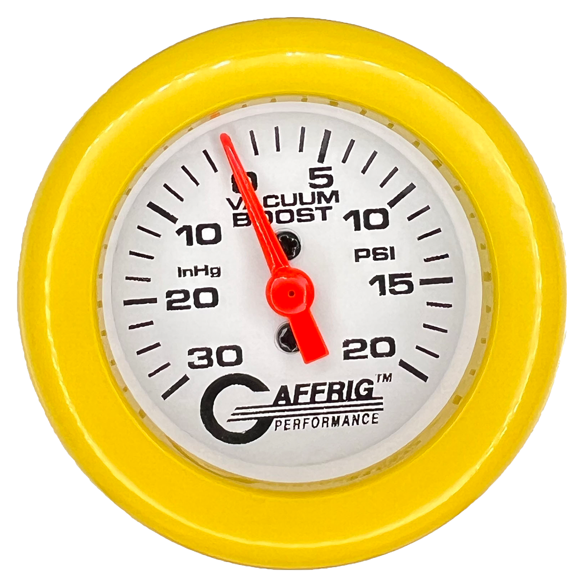 GAFFRIG 2 INCH MECHANICAL VACUUM 0-30HG/BOOST 0-30PSI GAUGE FAT RIM (218) / YELLOW / WHITE