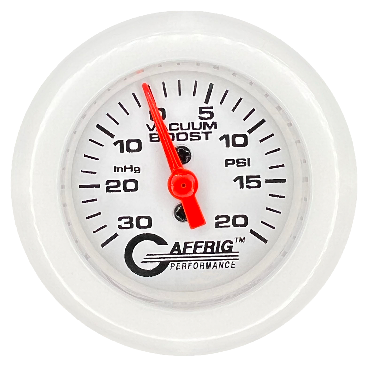 GAFFRIG 2 INCH MECHANICAL VACUUM 0-30HG/BOOST 0-30PSI GAUGE FAT RIM (218) / WHITE / WHITE