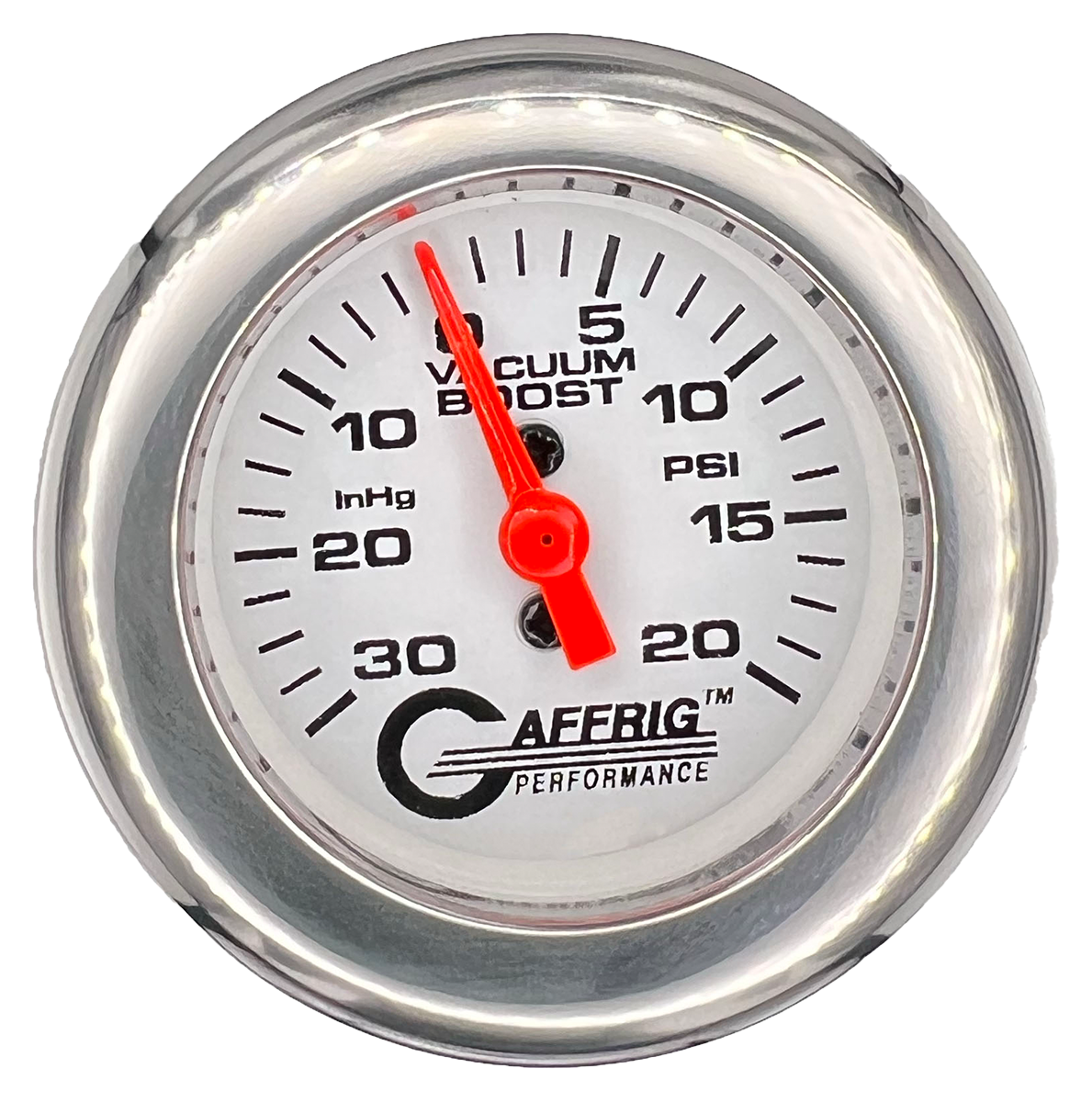 GAFFRIG 2 INCH MECHANICAL VACUUM 0-30HG/BOOST 0-30PSI GAUGE FAT RIM (218) / CHROME/POLISHED / WHITE