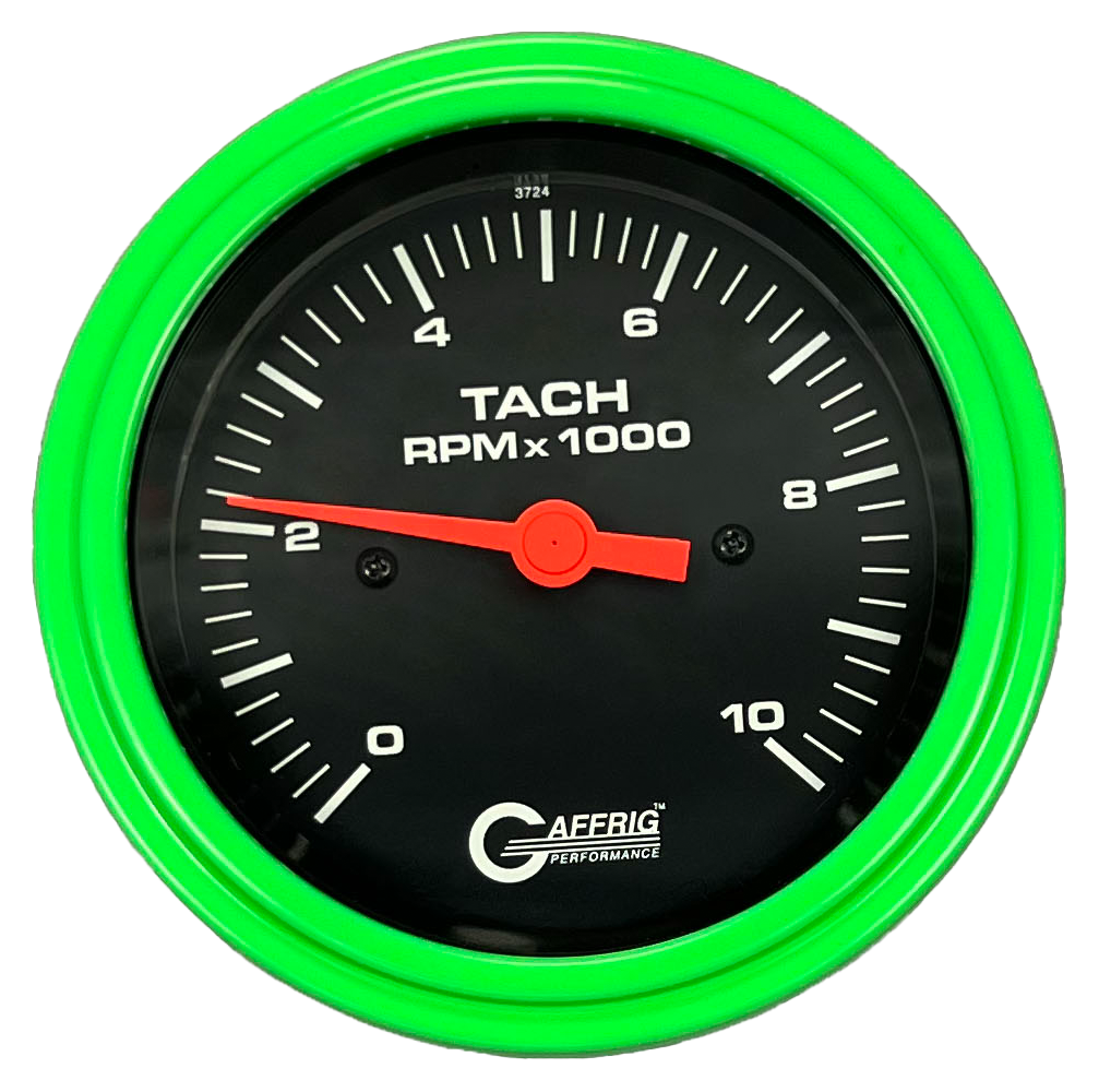 GAFFRIG 3 3/8 INCH TACHOMETER GAUGE 6000, 8000 & 10000 RPM BLACK 10000 / STEP RIM (008) / LIME GREEN
