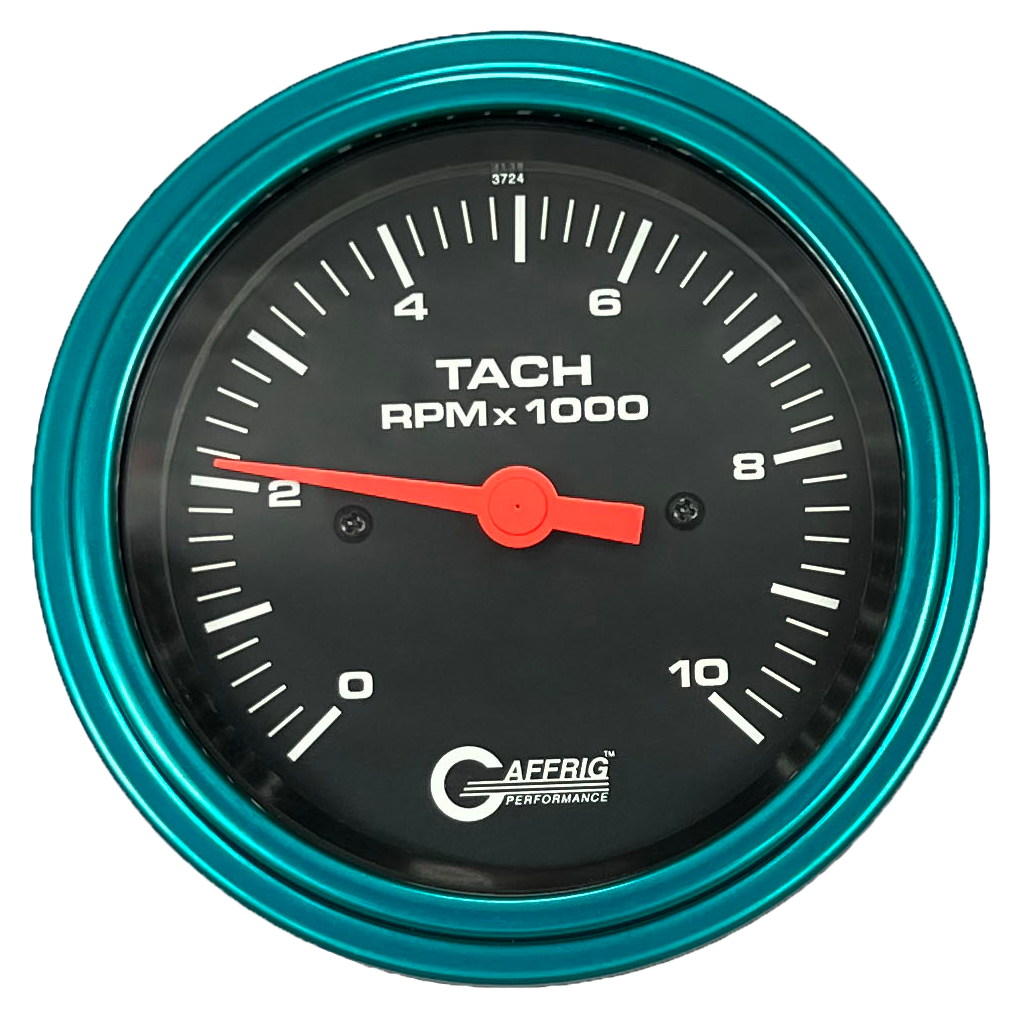 GAFFRIG 3 3/8 INCH TACHOMETER GAUGE 6000, 8000 & 10000 RPM BLACK 10000 / STEP RIM (008) / TEAL