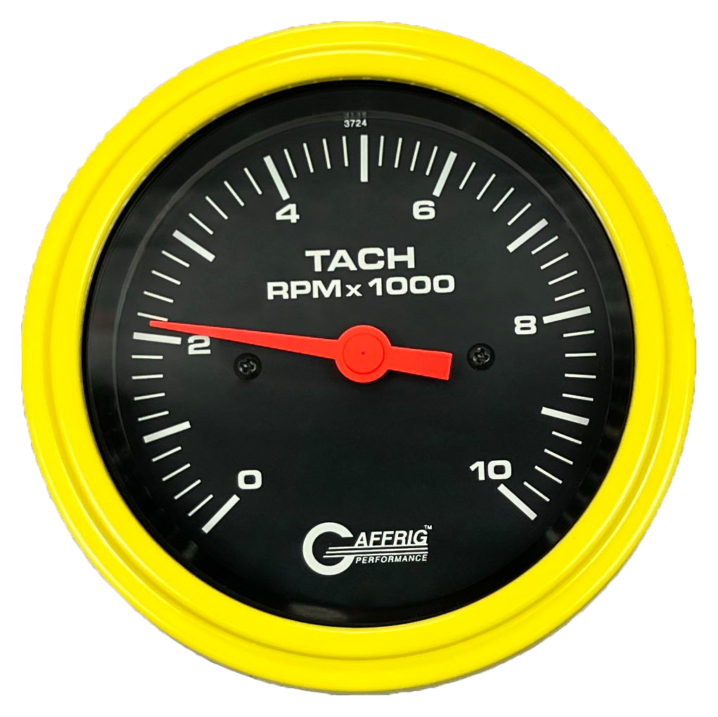 GAFFRIG 3 3/8 INCH TACHOMETER GAUGE 6000, 8000 & 10000 RPM BLACK 10000 / STEP RIM (008) / YELLOW
