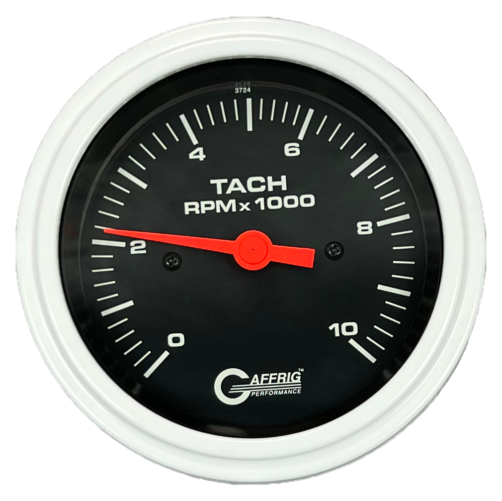 GAFFRIG 3 3/8 INCH TACHOMETER GAUGE 6000, 8000 & 10000 RPM BLACK 10000 / STEP RIM (008) / WHITE