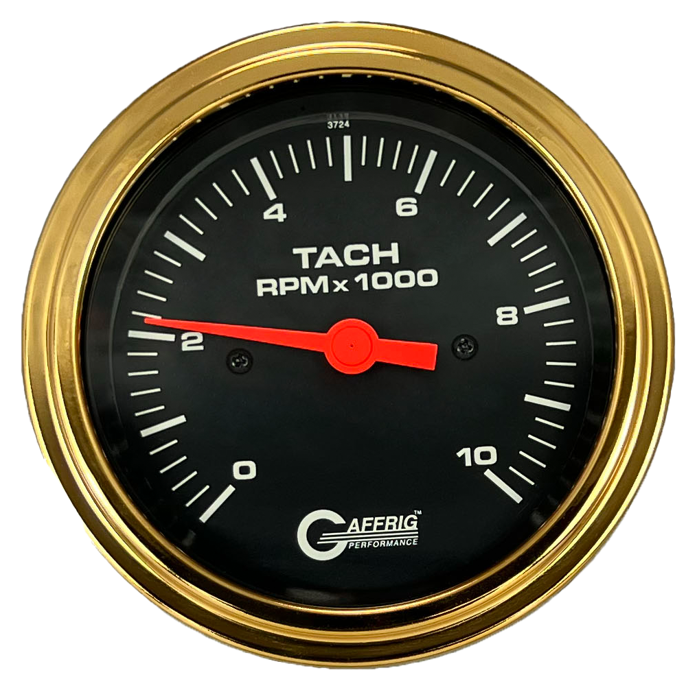 GAFFRIG 3 3/8 INCH TACHOMETER GAUGE 6000, 8000 & 10000 RPM BLACK 10000 / STEP RIM (008) / GOLD