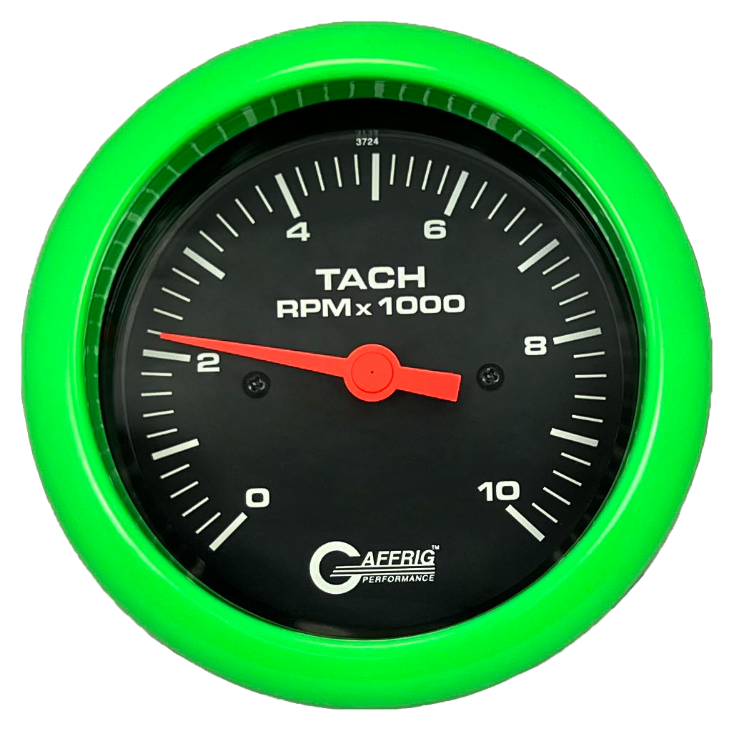 GAFFRIG 3 3/8 INCH TACHOMETER GAUGE 6000, 8000 & 10000 RPM BLACK 10000 / FAT RIM (338) / LIME GREEN