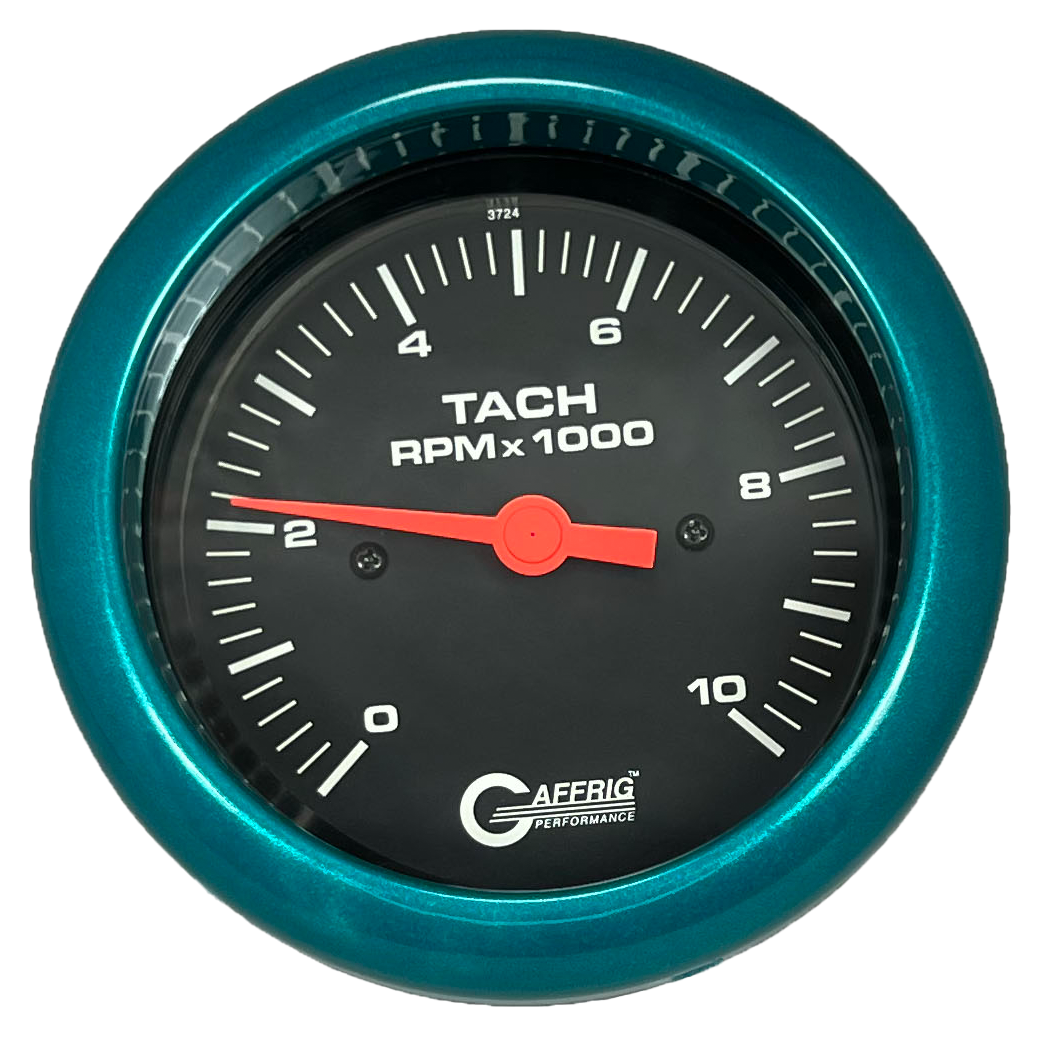 GAFFRIG 3 3/8 INCH TACHOMETER GAUGE 6000, 8000 & 10000 RPM BLACK 10000 / FAT RIM (338) / TEAL