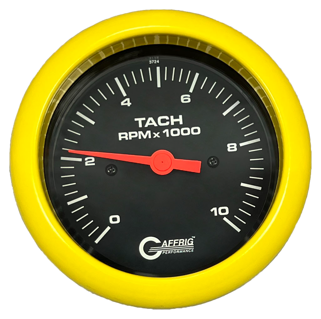 GAFFRIG 3 3/8 INCH TACHOMETER GAUGE 6000, 8000 & 10000 RPM BLACK 10000 / FAT RIM (338) / YELLOW