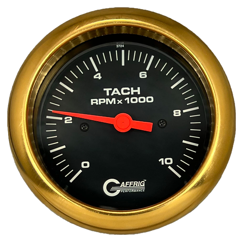 GAFFRIG 3 3/8 INCH TACHOMETER GAUGE 6000, 8000 & 10000 RPM BLACK 10000 / FAT RIM (338) / GOLD