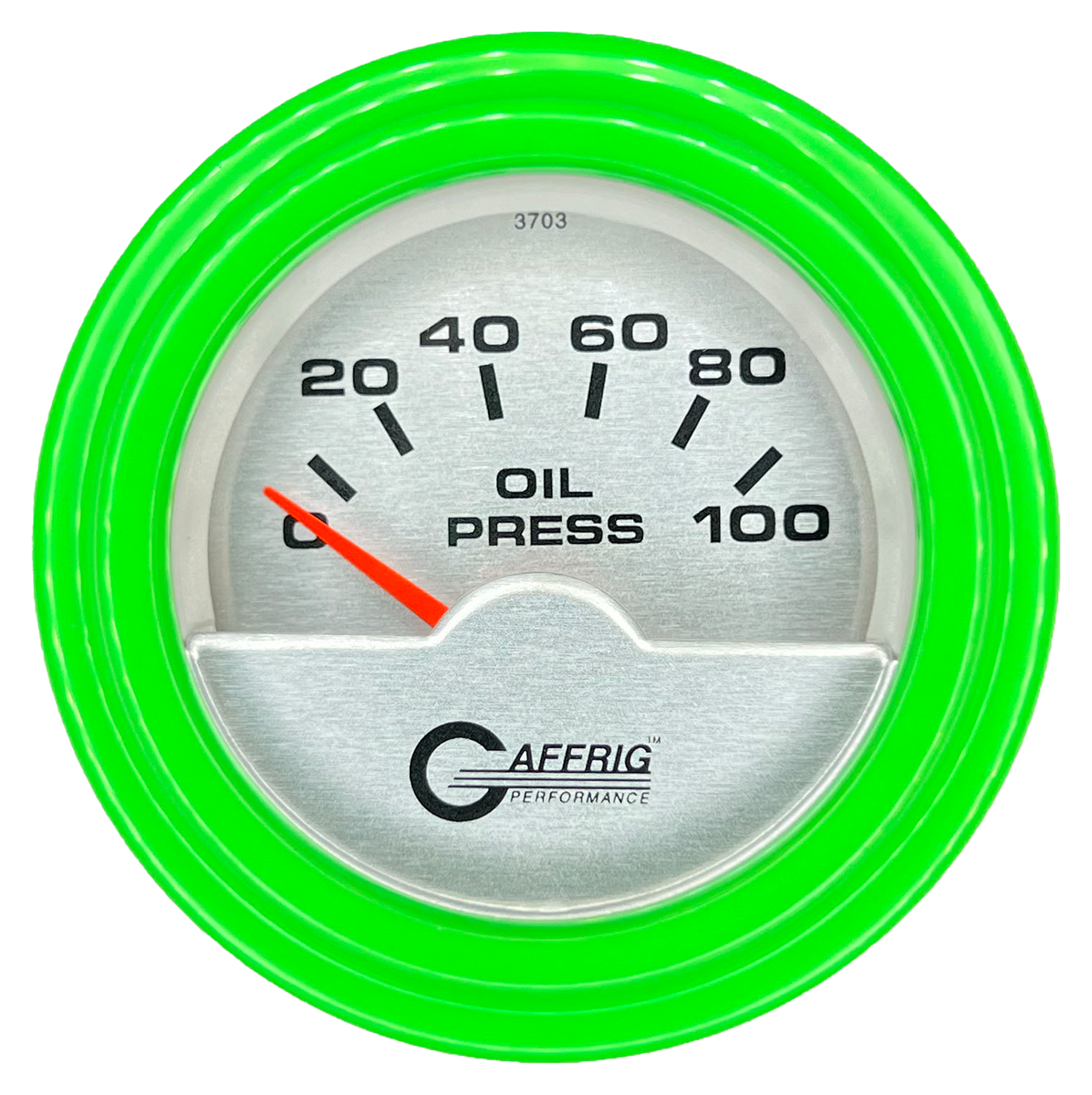 GAFFRIG 2 INCH ELECTRIC OIL PRESSURE GAUGE 0-100 PSI STEP RIM (002) / LIME GREEN / PLATINUM