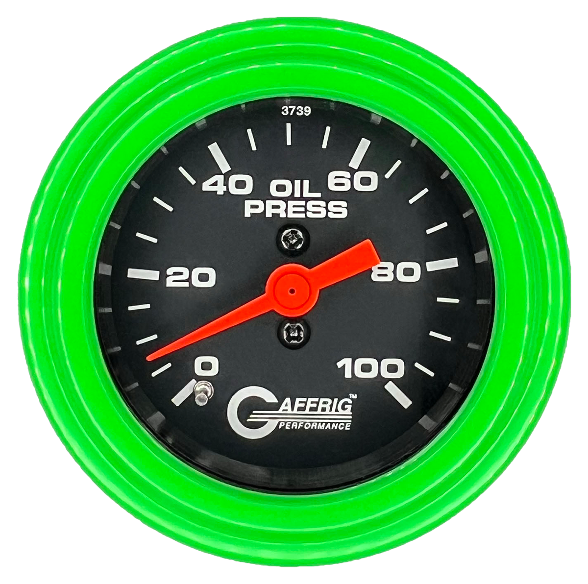 GAFFRIG 2 INCH MECHANICAL OIL PRESSURE 0-100 PSI GAUGE STEP RIM (002) / LIME GREEN / BLACK