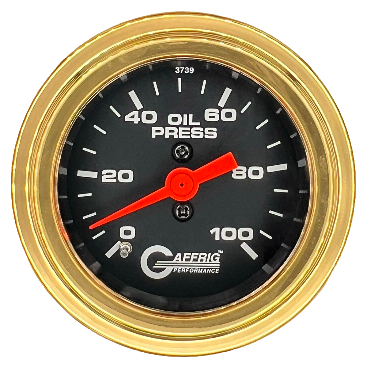 GAFFRIG 2 INCH MECHANICAL OIL PRESSURE 0-100 PSI GAUGE STEP RIM (002) / GOLD / BLACK