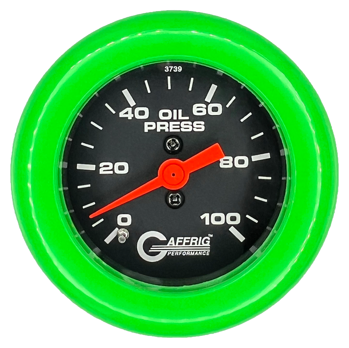 GAFFRIG 2 INCH MECHANICAL OIL PRESSURE 0-100 PSI GAUGE FAT RIM (218) / LIME GREEN / BLACK