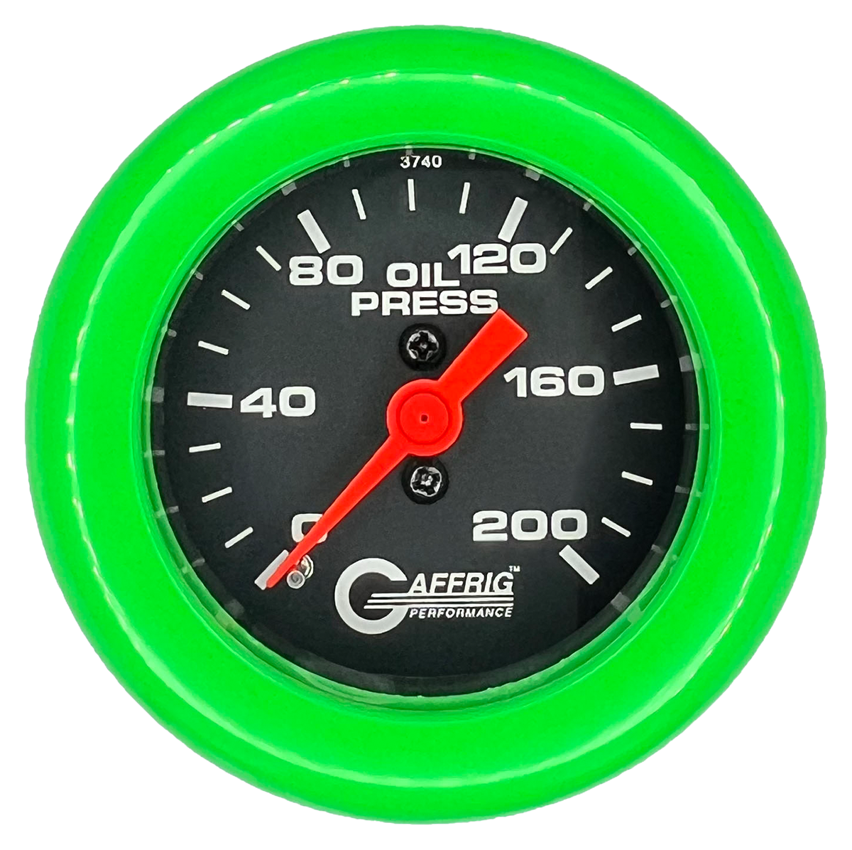 GAFFRIG 2 INCH MECHANICAL OIL PRESSURE 0-200 PSI GAUGE FAT RIM (218) / LIME GREEN / BLACK
