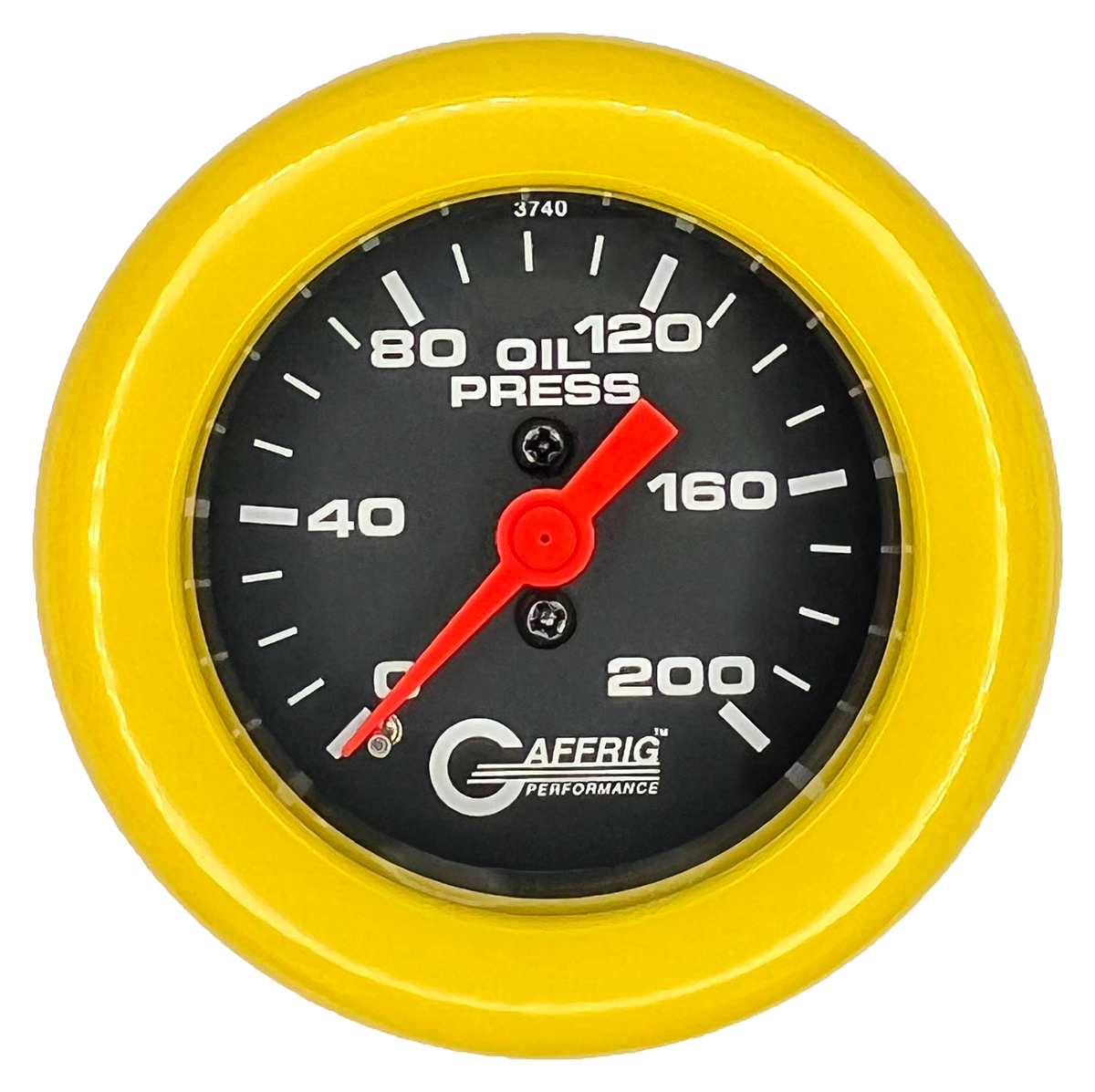 GAFFRIG 2 INCH MECHANICAL OIL PRESSURE 0-200 PSI GAUGE FAT RIM (218) / YELLOW / BLACK
