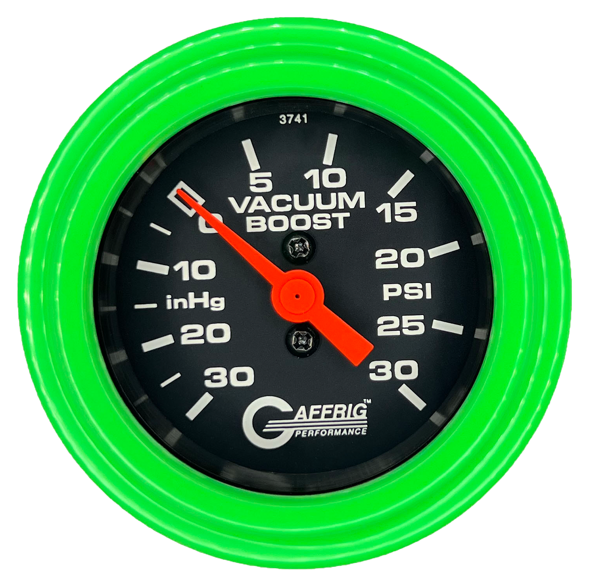 GAFFRIG 2 INCH MECHANICAL VACUUM 0-30HG/BOOST 0-30PSI GAUGE STEP RIM (002) / LIME GREEN / BLACK