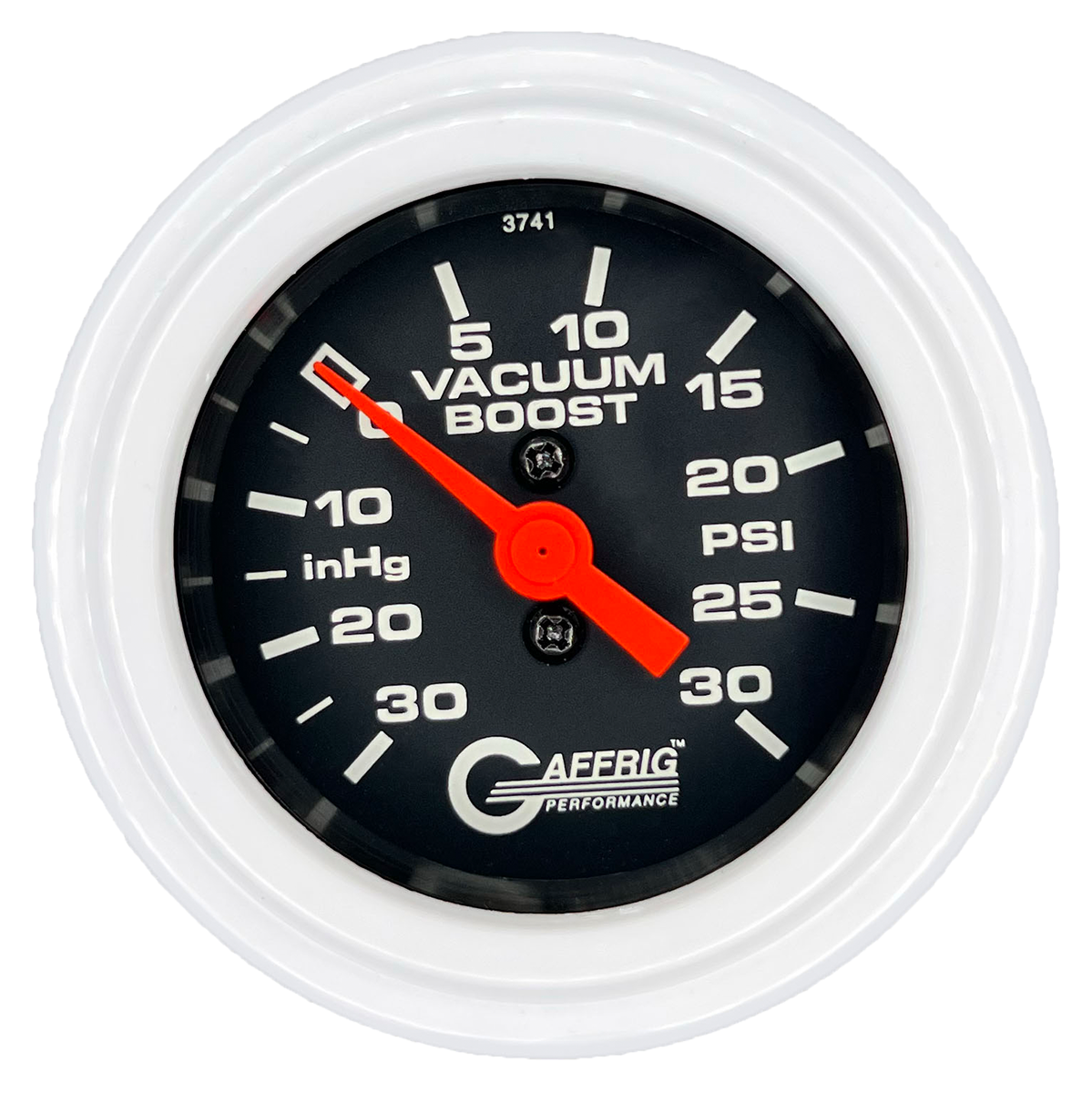 GAFFRIG 2 INCH MECHANICAL VACUUM 0-30HG/BOOST 0-30PSI GAUGE STEP RIM (002) / WHITE / BLACK