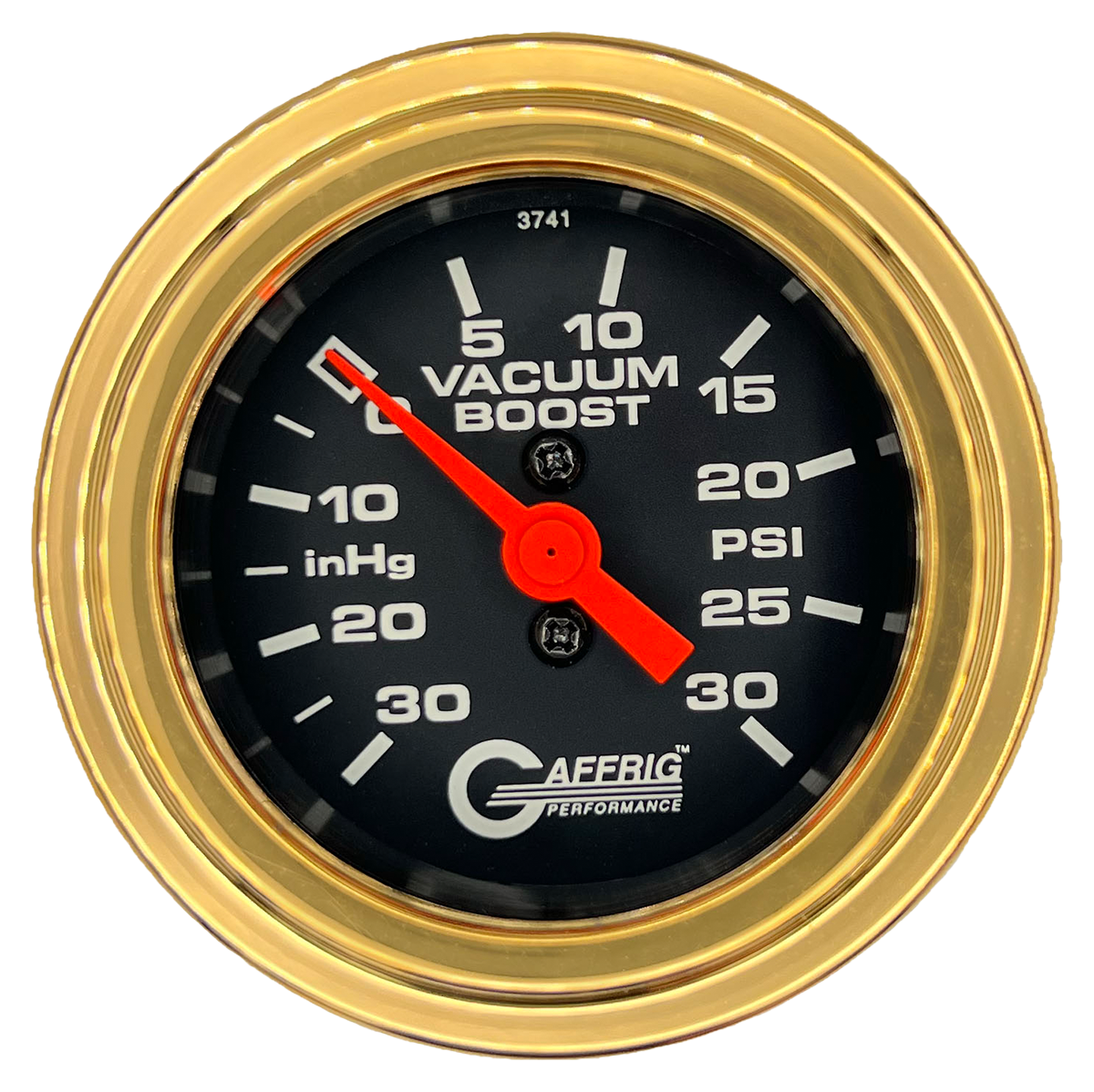 GAFFRIG 2 INCH MECHANICAL VACUUM 0-30HG/BOOST 0-30PSI GAUGE STEP RIM (002) / GOLD / BLACK
