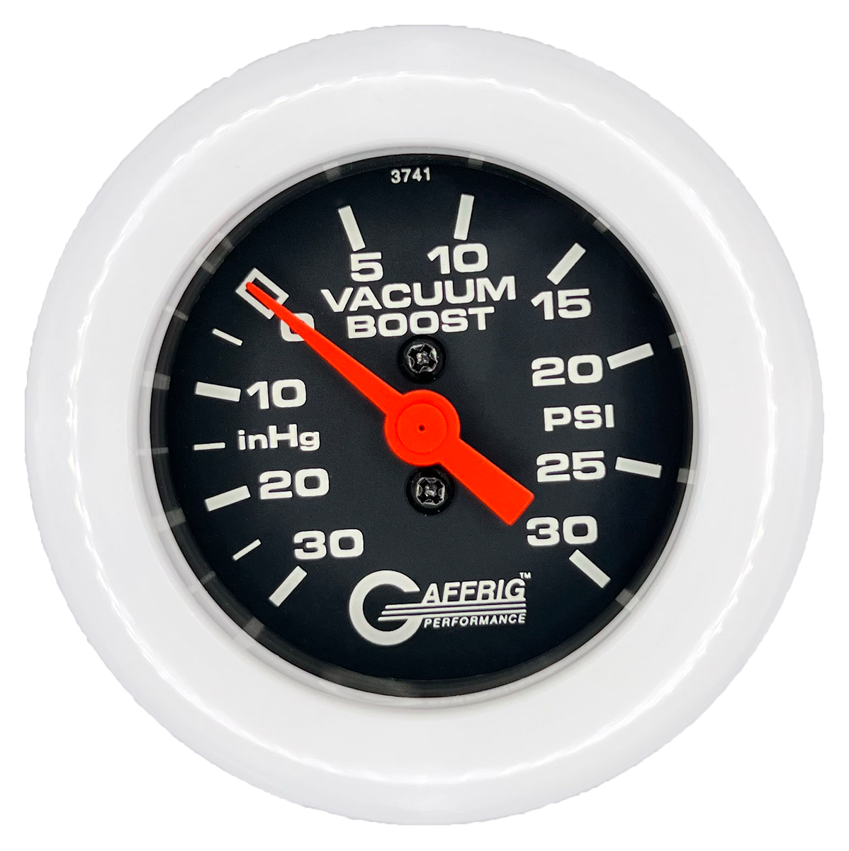 GAFFRIG 2 INCH MECHANICAL VACUUM 0-30HG/BOOST 0-30PSI GAUGE FAT RIM (218) / WHITE / BLACK