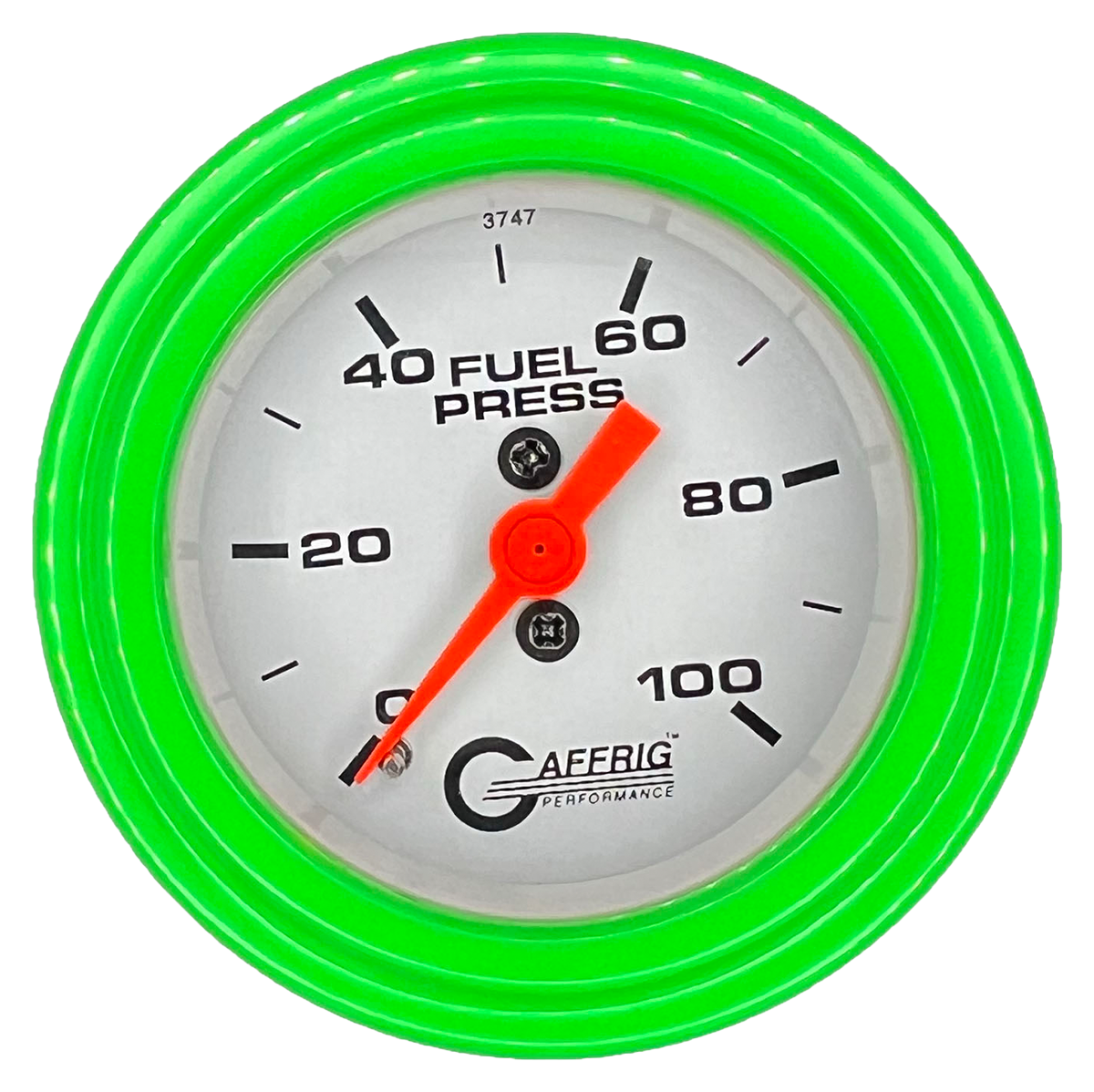 GAFFRIG 2 INCH MECHANICAL FUEL PRESSURE 0-100 PSI GAUGE STEP RIM (002) / LIME GREEN / WHITE