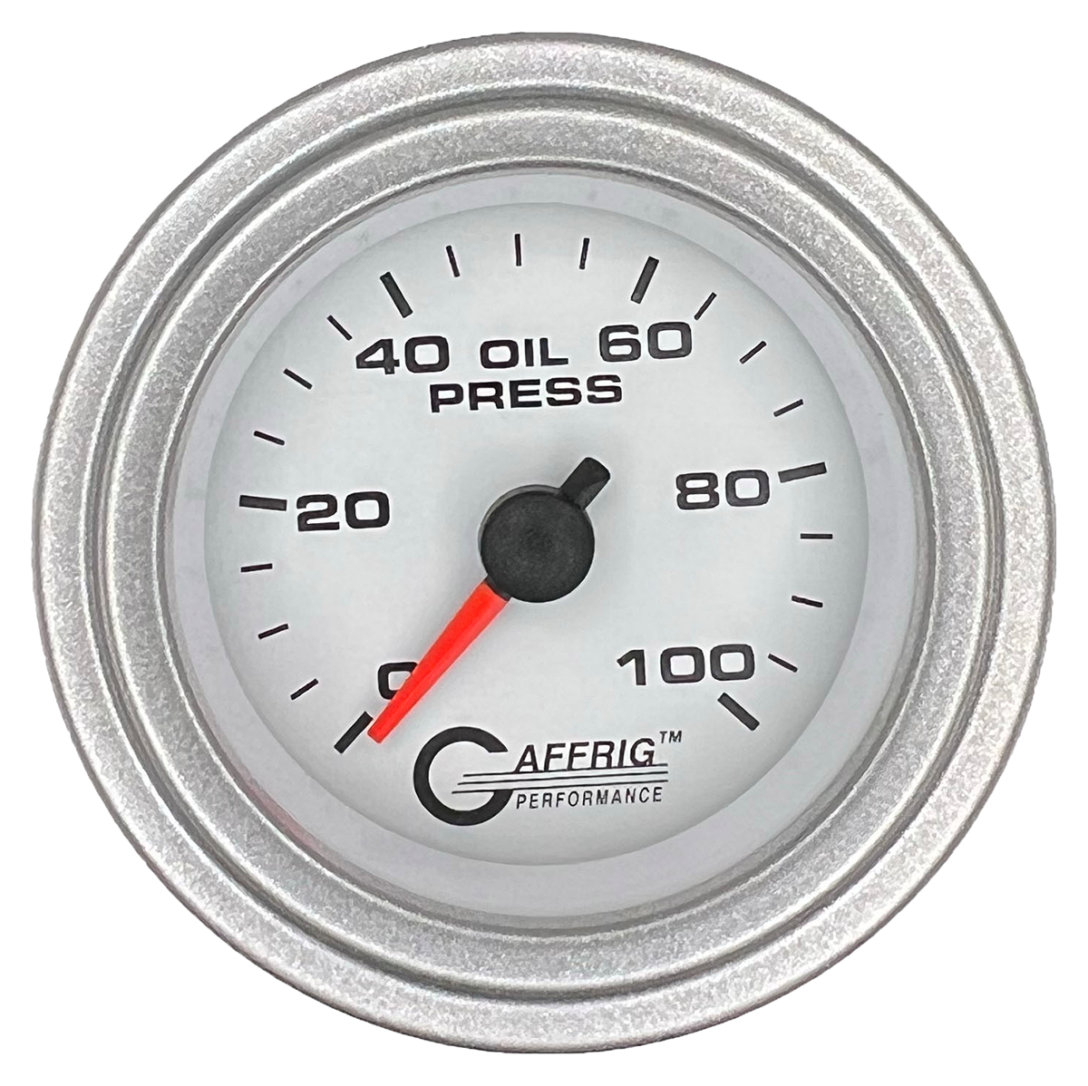 GAFFRIG 2 INCH MECHANICAL OIL PRESSURE 0-100 PSI GAUGE STEP RIM (002) / PLATINUM / WHITE