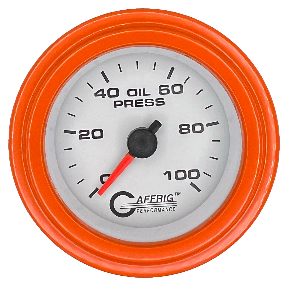 GAFFRIG 2 INCH MECHANICAL OIL PRESSURE 0-100 PSI GAUGE STEP RIM (002) / ORANGE / WHITE