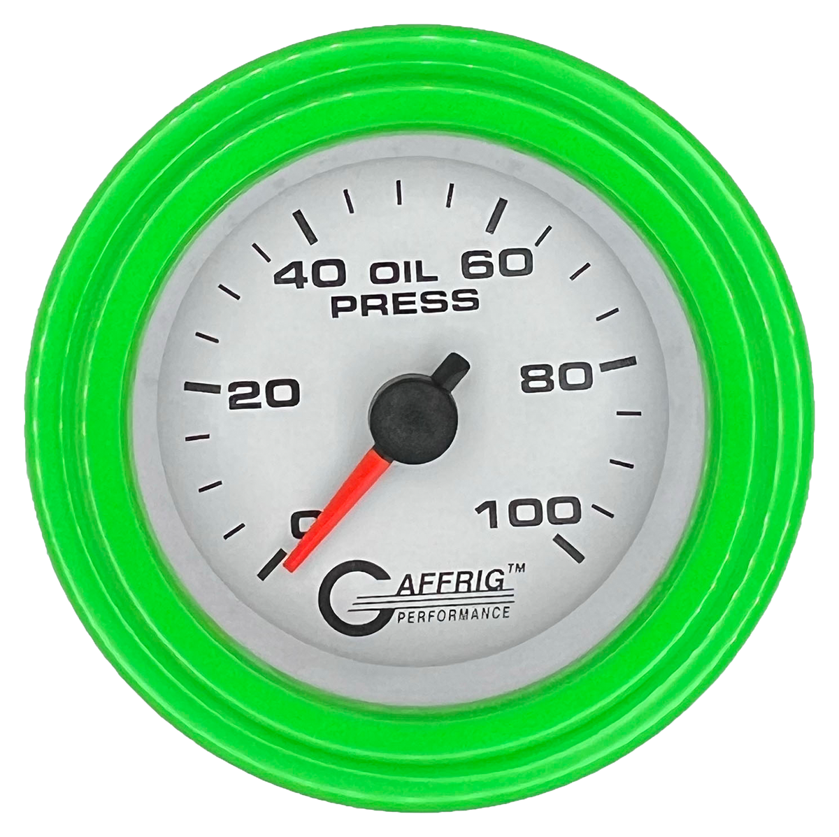 GAFFRIG 2 INCH MECHANICAL OIL PRESSURE 0-100 PSI GAUGE STEP RIM (002) / LIME GREEN / WHITE
