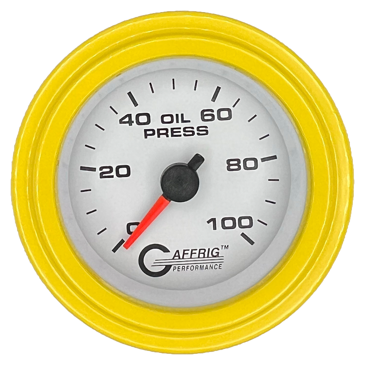 GAFFRIG 2 INCH MECHANICAL OIL PRESSURE 0-100 PSI GAUGE STEP RIM (002) / YELLOW / WHITE