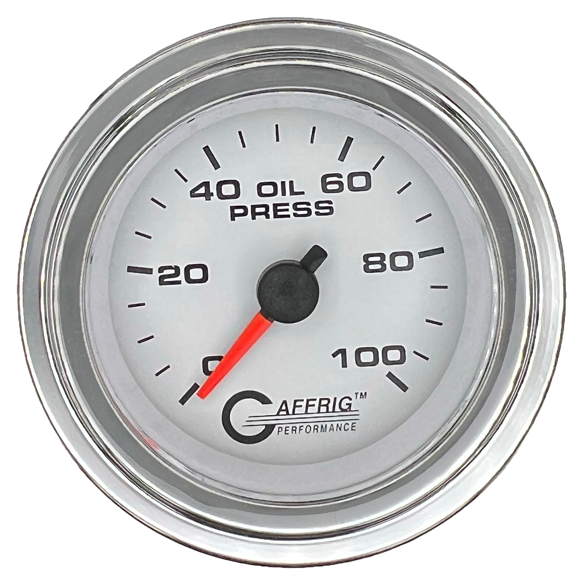 GAFFRIG 2 INCH MECHANICAL OIL PRESSURE 0-100 PSI GAUGE STEP RIM (002) / CHROME/POLISHED / WHITE